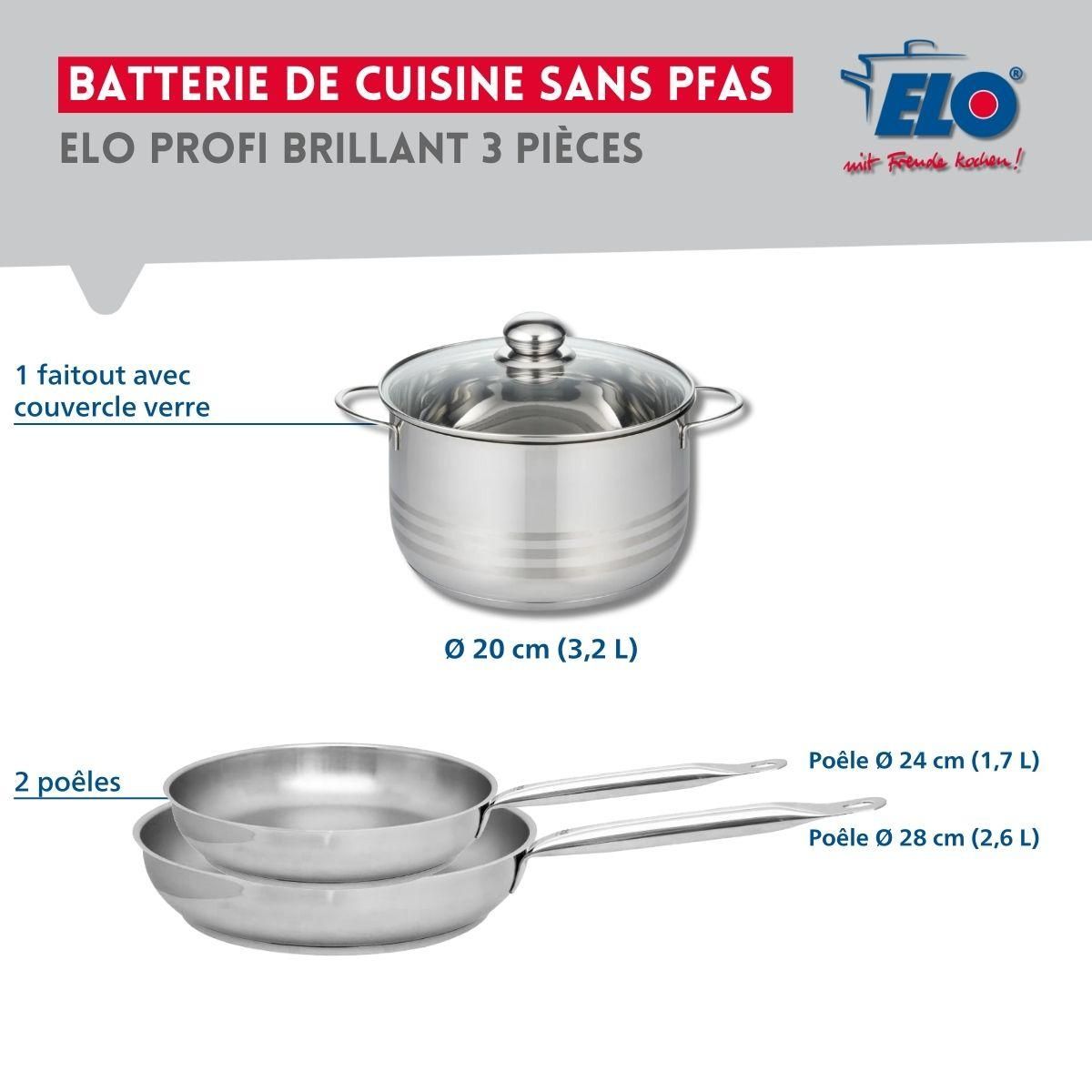 ELO Ensemble de 2 Poêles de cuisson 24 et 28 cm et 1 faitout 20 cm Elo Profi Brillant