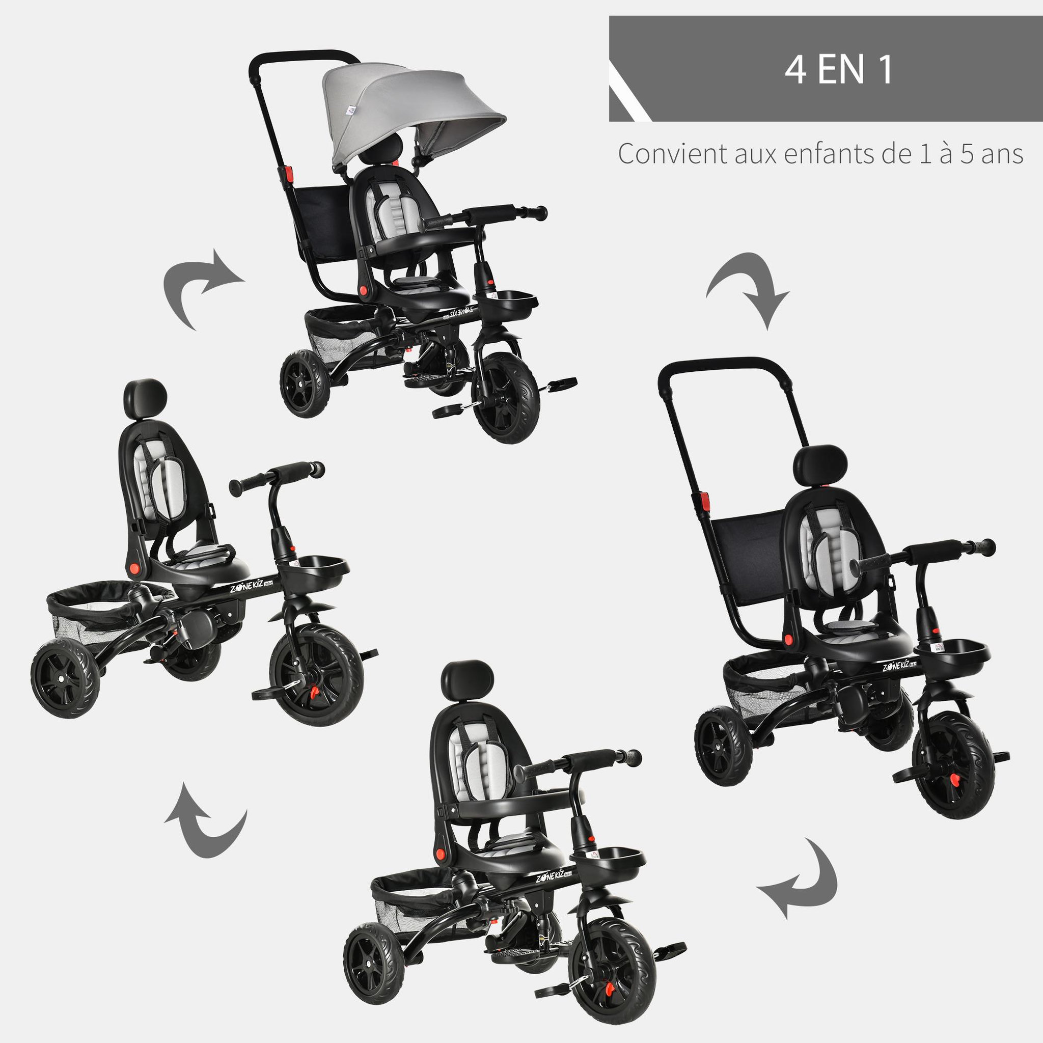Voir la diapositive 4 : HOMCOM Tricycle enfant évolutif pliable - pare-soleil, canne télescopique amovible - siège pivotant, harnais, arceau sécurité - repose-pied - 3 paniers rangement - métal PP gris noir