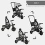 Voir la diapositive 4 : HOMCOM Tricycle enfant évolutif pliable - pare-soleil, canne télescopique amovible - siège pivotant, harnais, arceau sécurité - repose-pied - 3 paniers rangement - métal PP gris noir