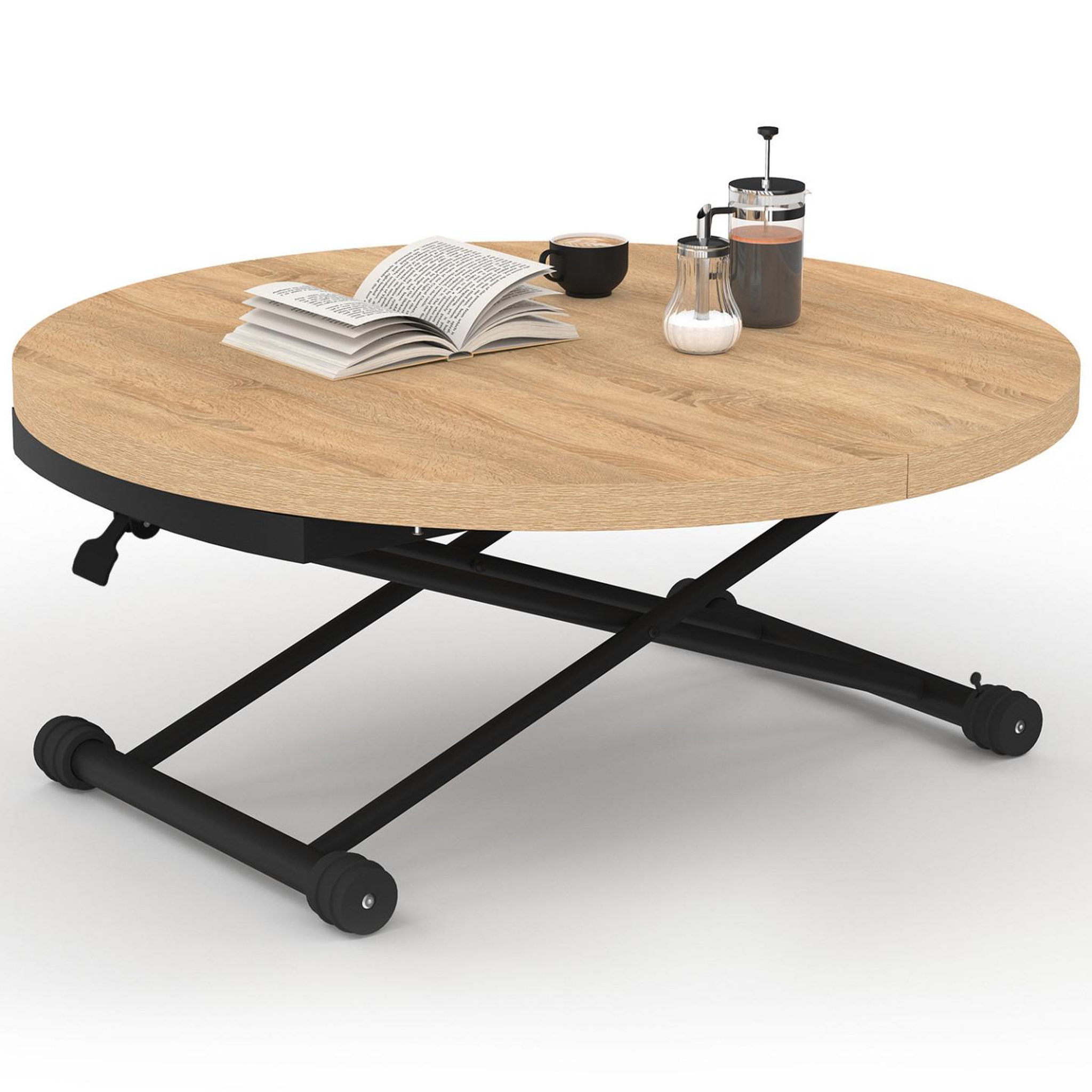 ID MARKET Table basse extensible relevable en table à manger ronde altura 100-150 cm bois et noir design industriel