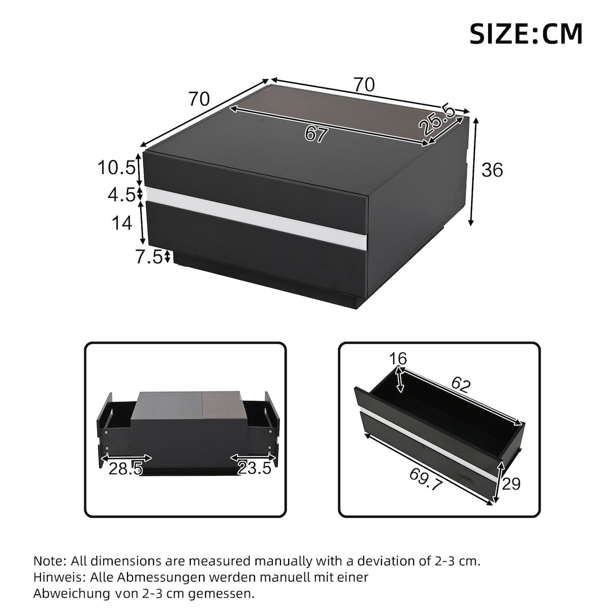 MERAX Table basse carrée noir avec 2 tiroirs - 70x70 cm led panneau de particules