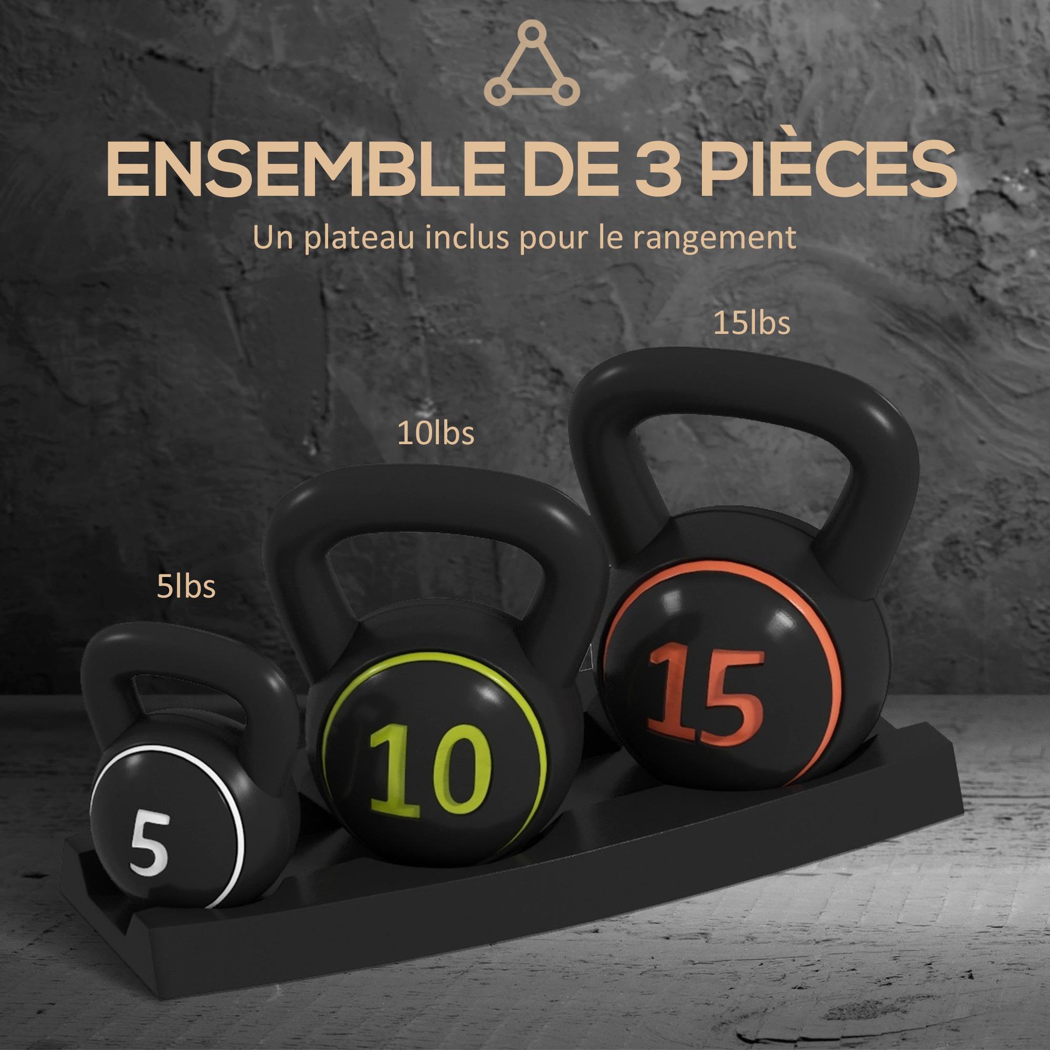 Voir la diapositive 4 : HOMCOM Lot de 3 kettlebells 2,2/4,5/6,8 kg - prise ergonomique - entraînement musculaire & haltérophilie - pvc noir