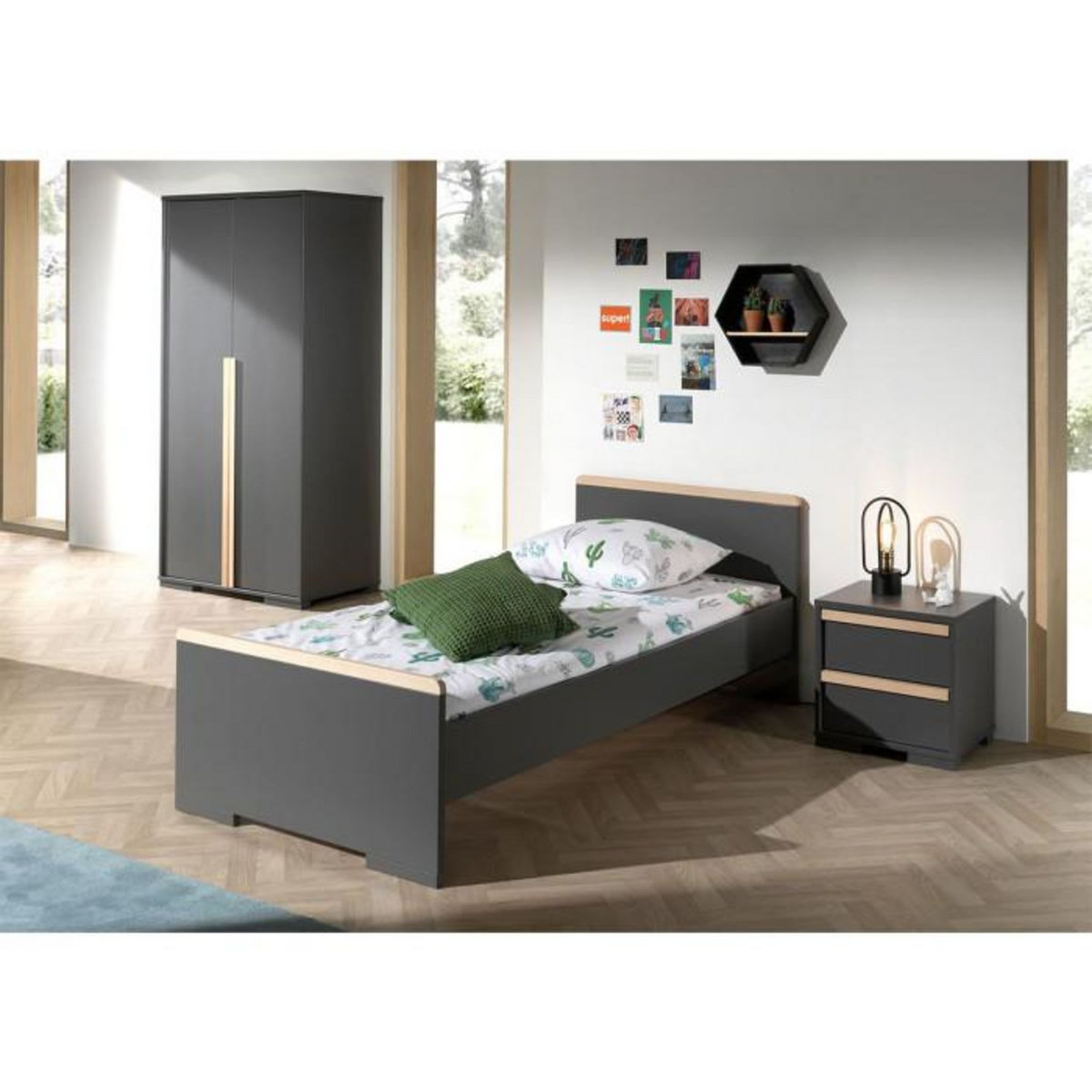 Paris Prix Pack - Lit Enfant, Chevet & Armoire  London  Gris Anthracite