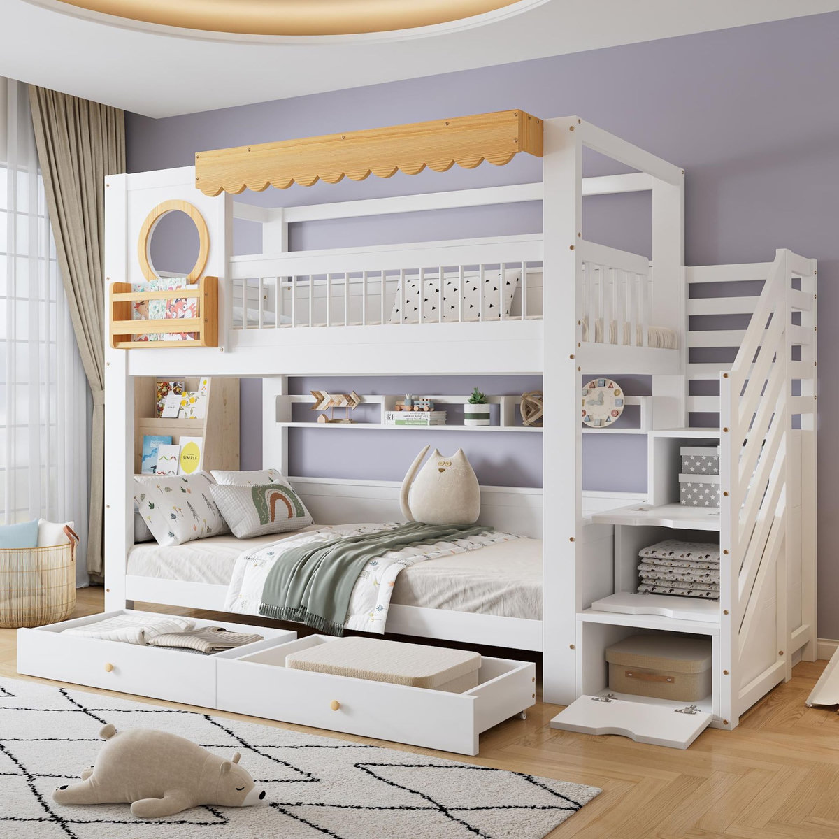 MERAX Lit superposé 90x200 cm coloris blanc+naturel pin