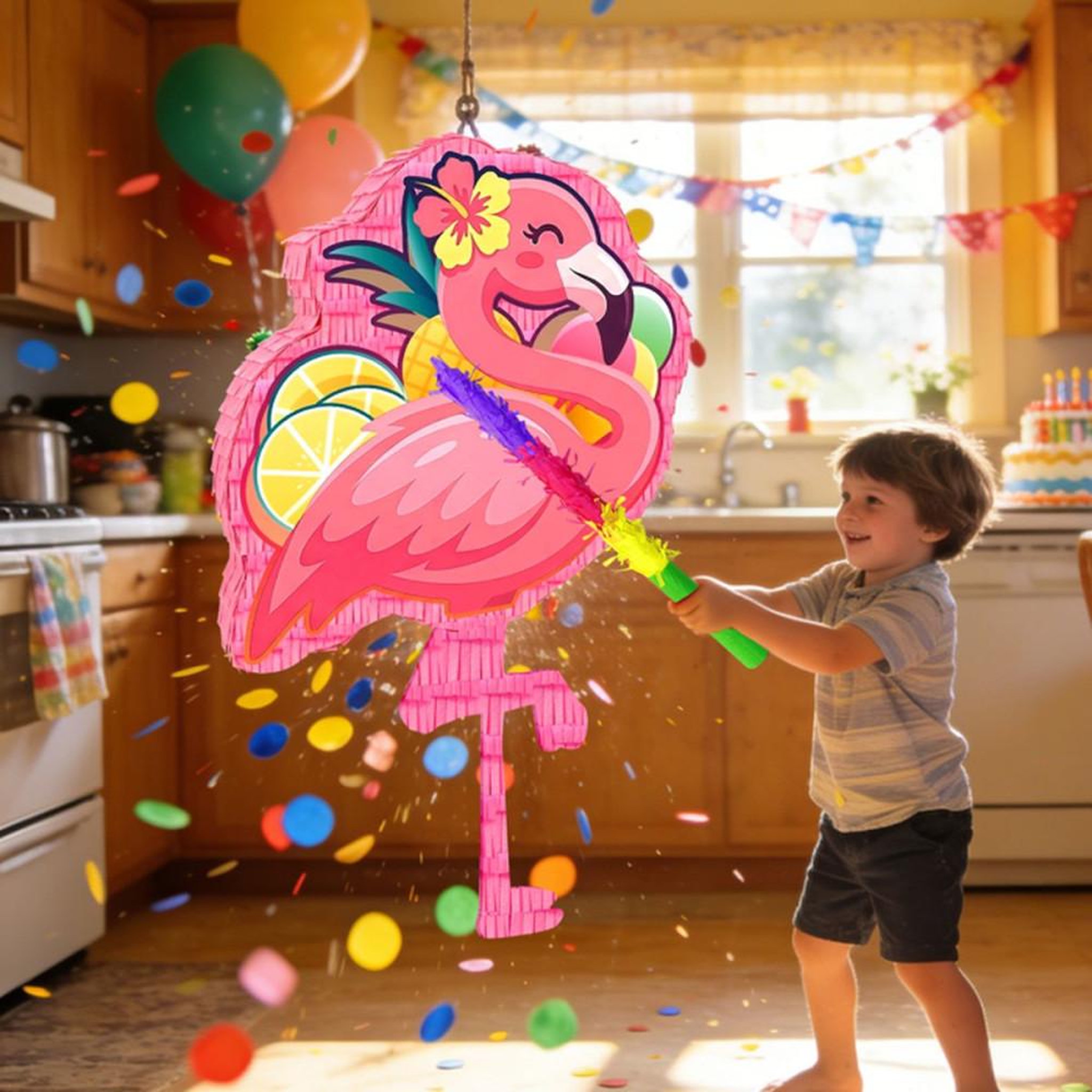 Voir la diapositive 6 : Piñata flamant rose tropical 58 cm, kit décoration hawaïenne avec bâton et masque de jeu
