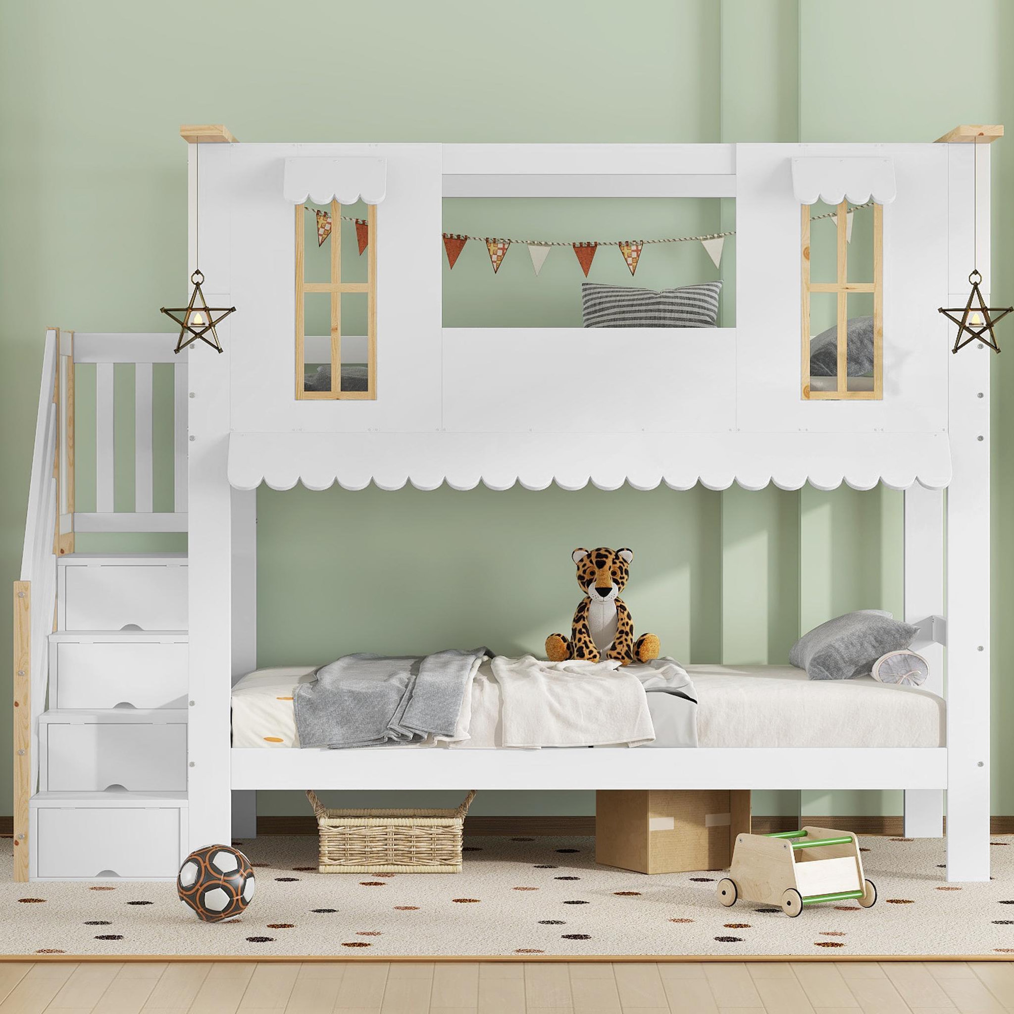 Voir la diapositive 2 : MERAX Lit superposé 90x200cm coloris blanc+naturel pin et mdf