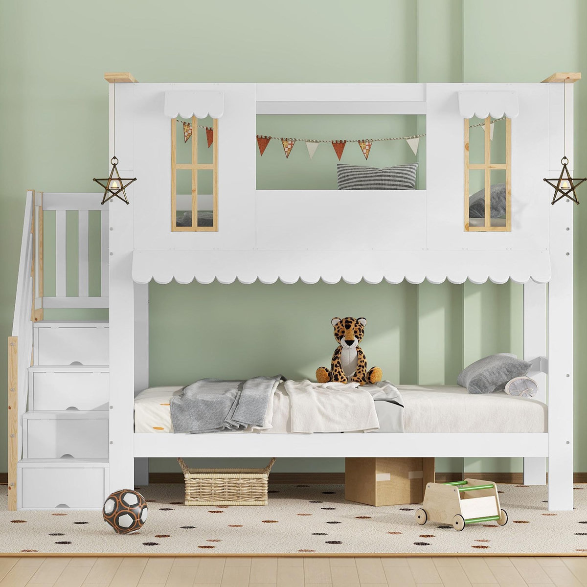 MERAX Lit superposé 90x200cm coloris blanc+naturel pin et mdf