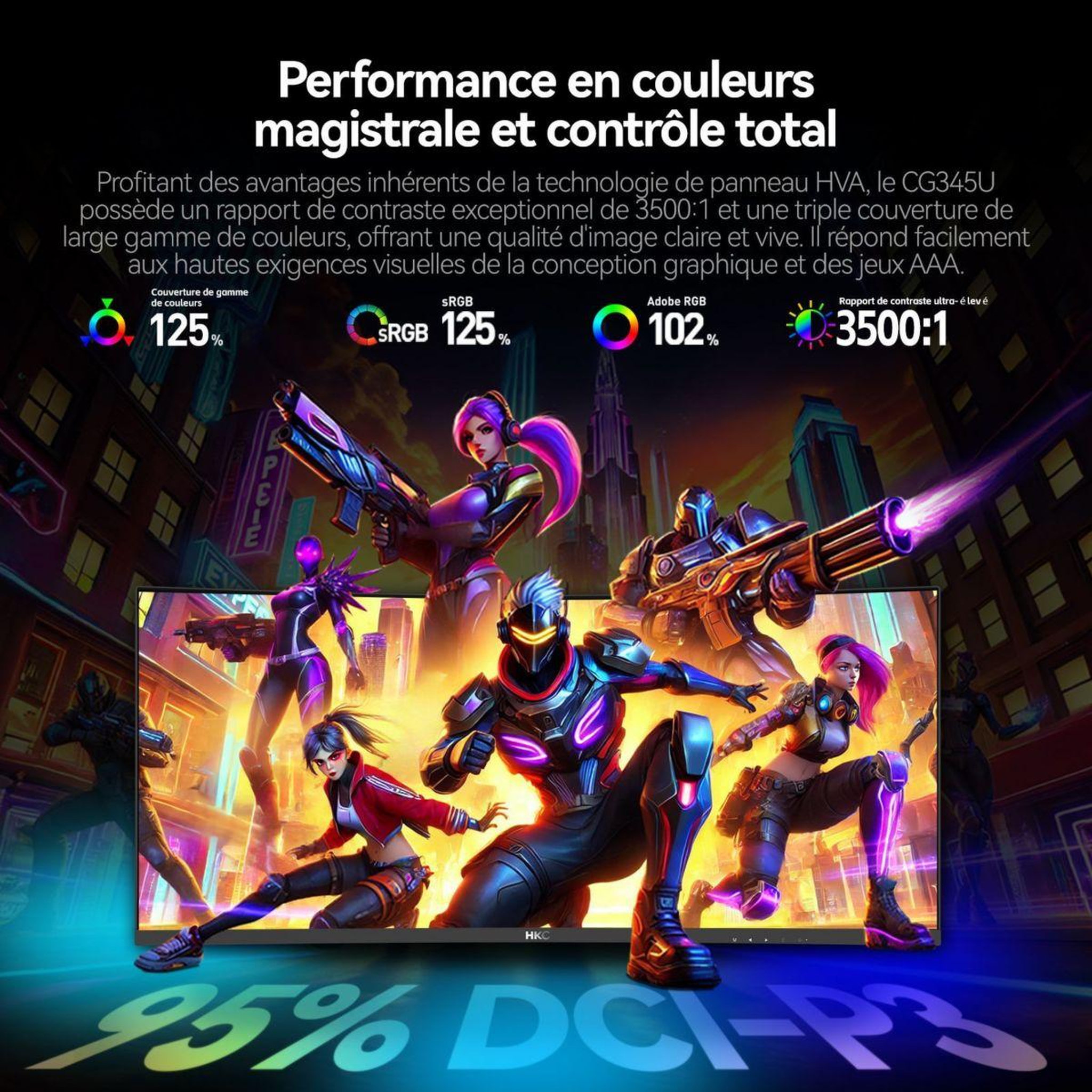 Voir la diapositive 5 : HKC Ecran pc gamer incurvé ultrawide 34  3440×1440 200 hz va  1ms reglable en hauteur  - cg345u