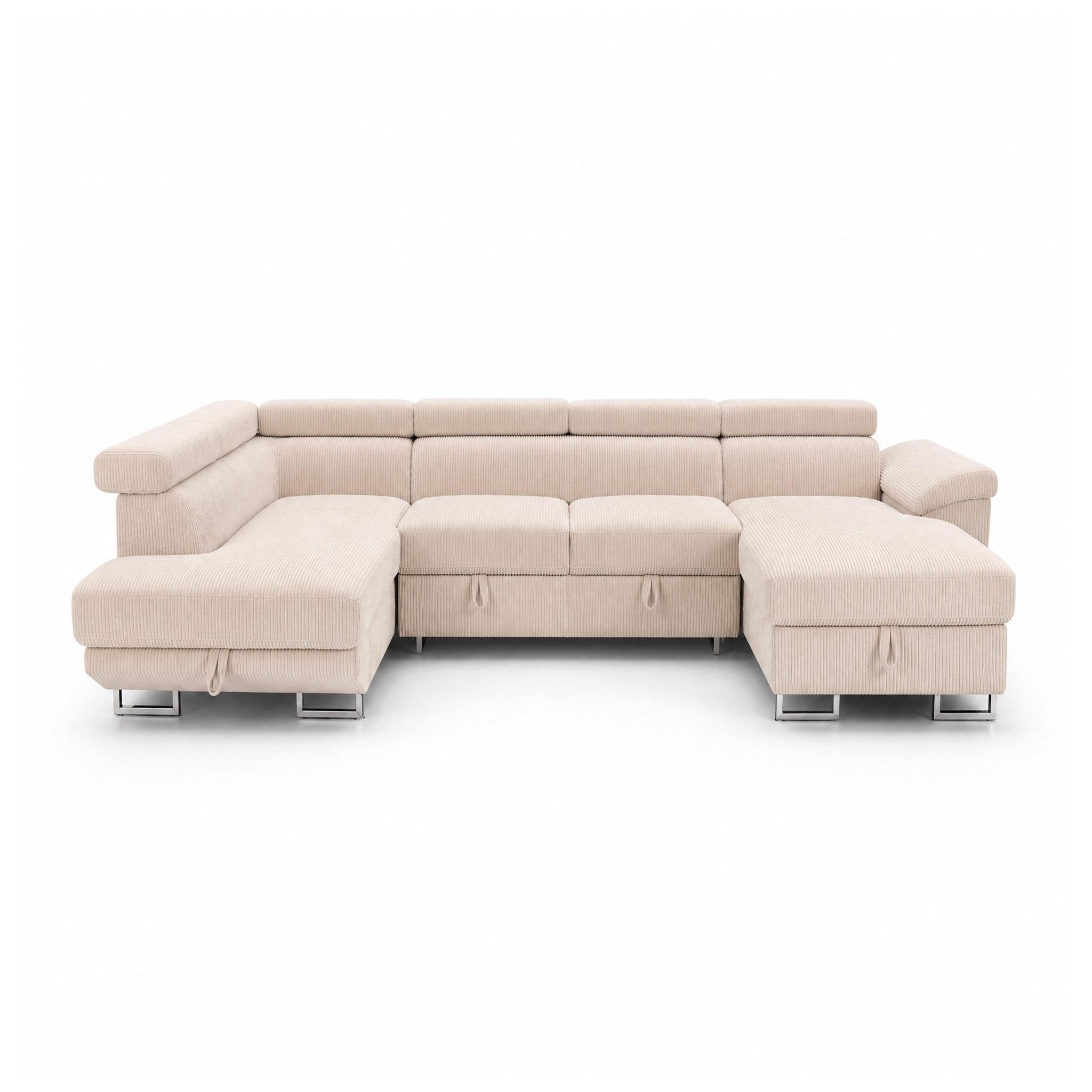 BEST MOBILIER Baoji - canapé panoramique d'angle gauche 7 places convertible avec têtières et coffre en velours côtelé. Coloris disponibles : Beige