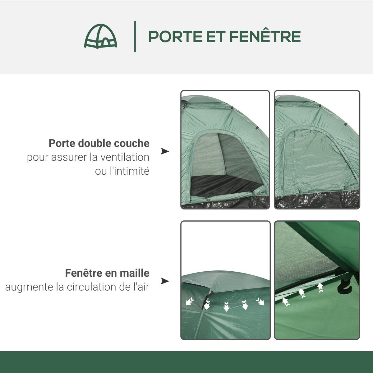 OUTSUNNY Tente de camping 2 personnes dim. 206L x 152l x 110H cm - portes zippée, poche rangement sac de transport inclus - fibre verre polyester Oxford vert