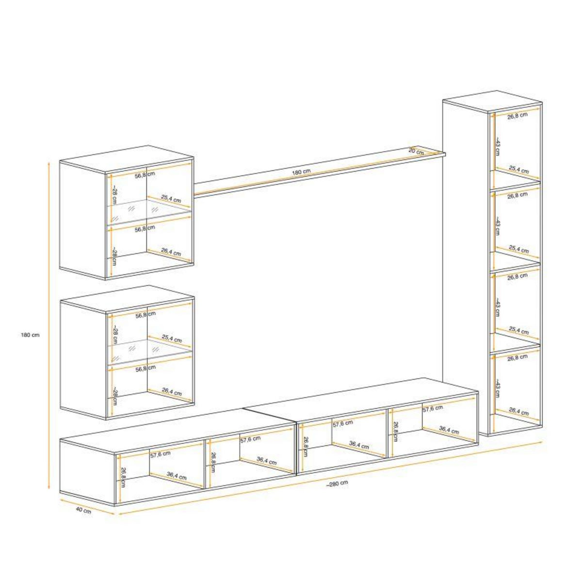Paris Prix Meuble TV Mural Design  Switch XVIII  280cm Blanc & Naturel