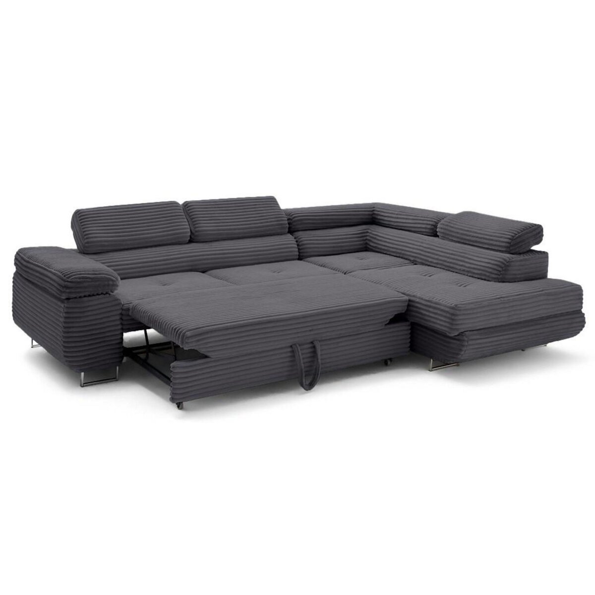 LISA DESIGN Zaria - canapé d'angle droit 5 places convertible avec coffre et têtières en velours côtelé grosses côtes