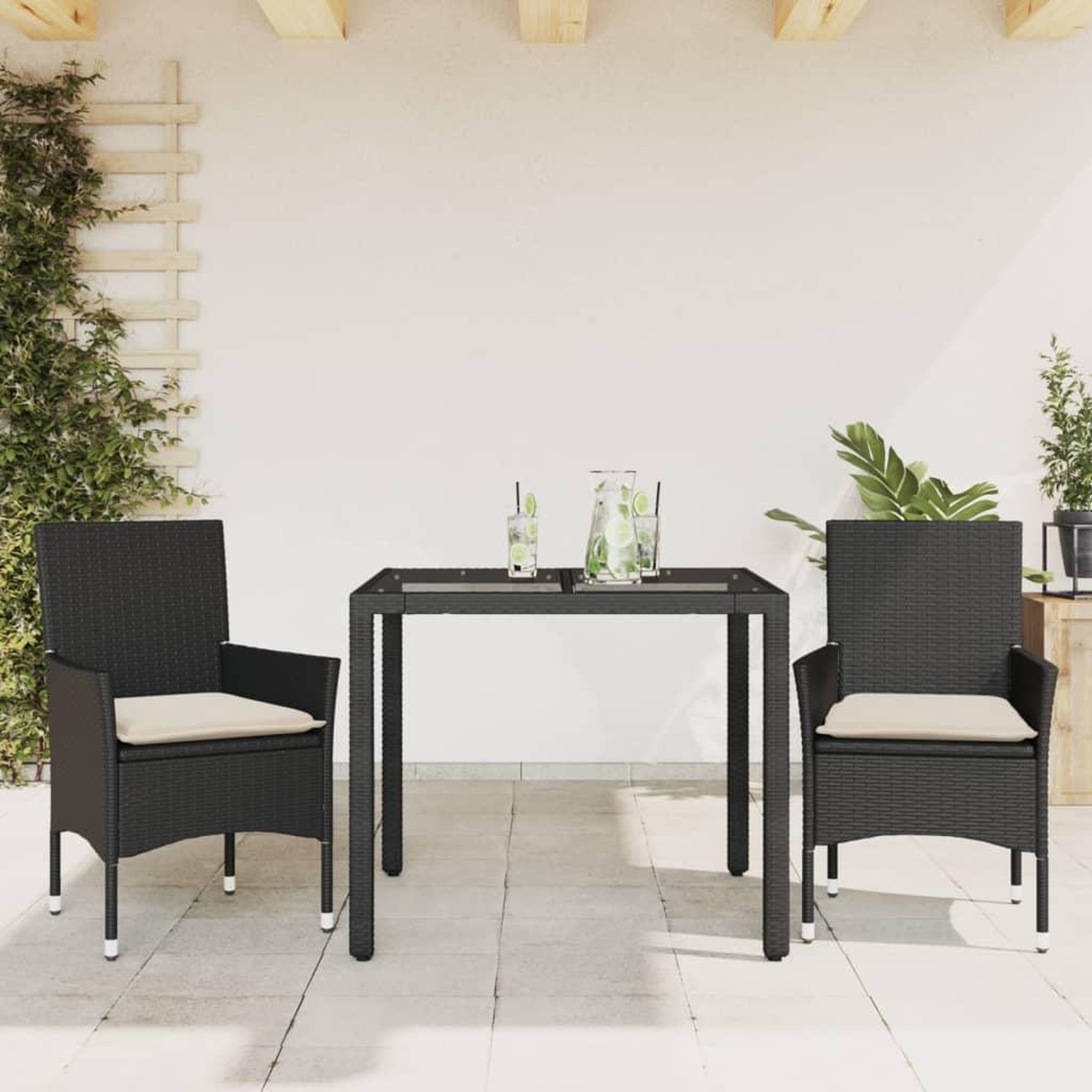 VIDAXL Ensemble a manger de jardin et coussins 3 pcs noir rotin verre