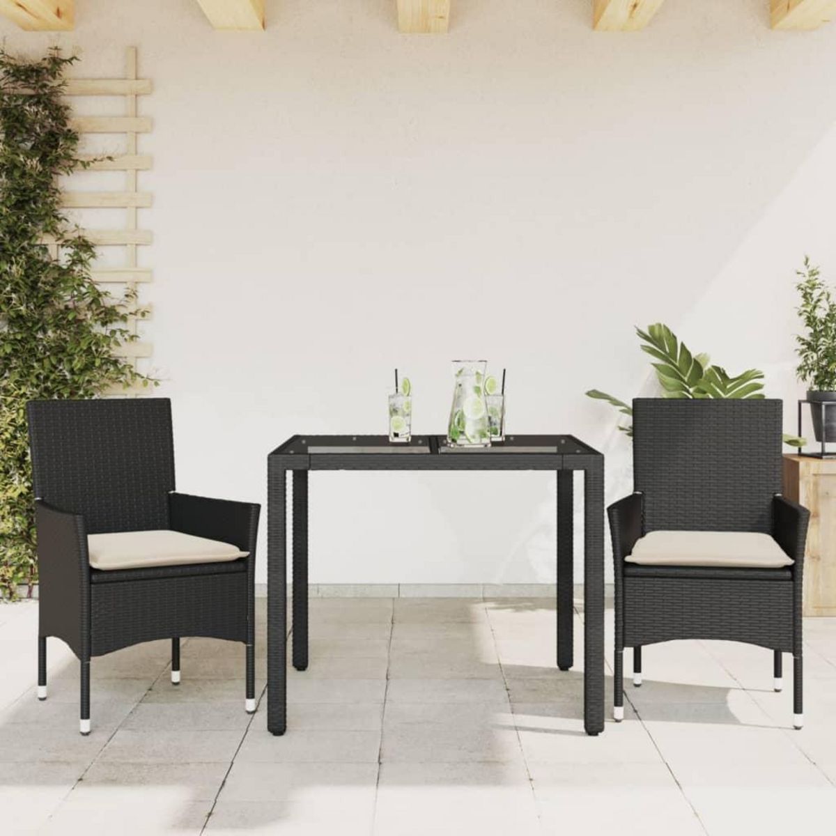 VIDAXL Ensemble a manger de jardin et coussins 3 pcs noir rotin verre