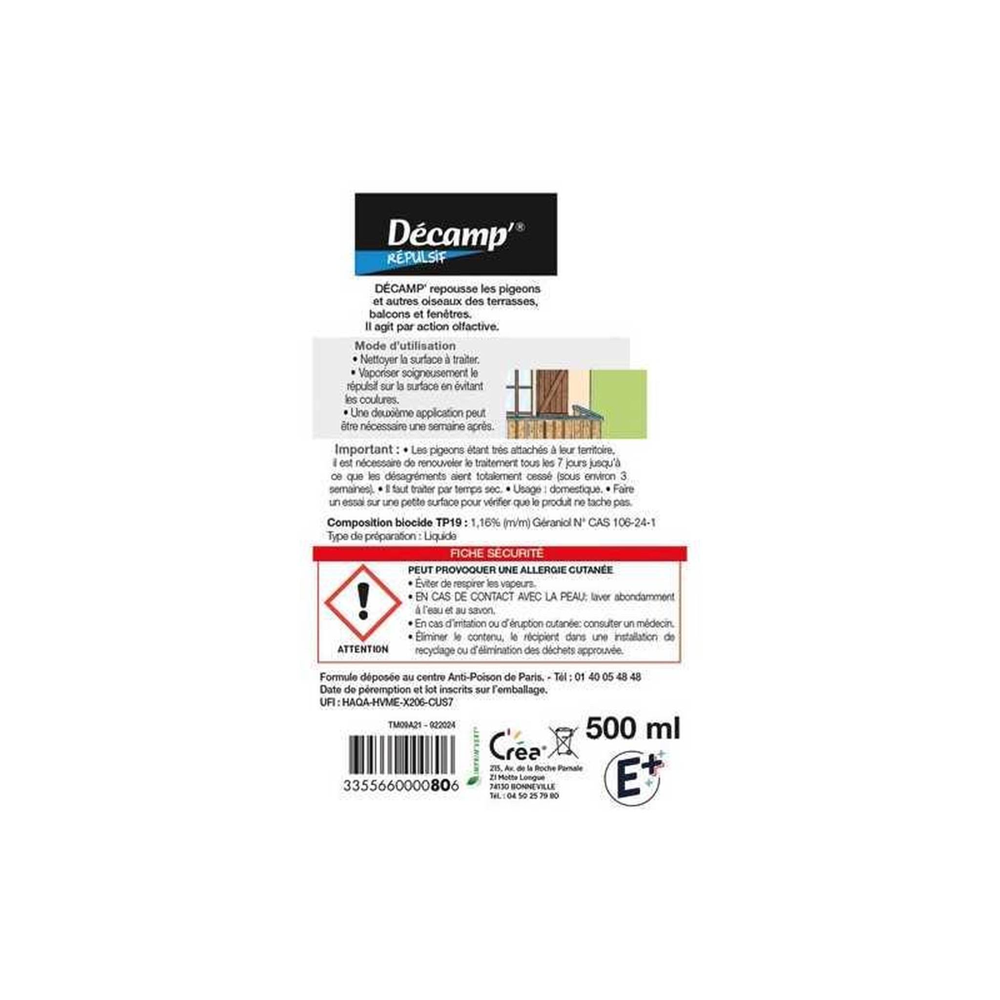Voir la diapositive 2 : Decamp' Decamp' spray répulsif pigeons et oiseaux au géraniol, formule aqueuse, 500 ml