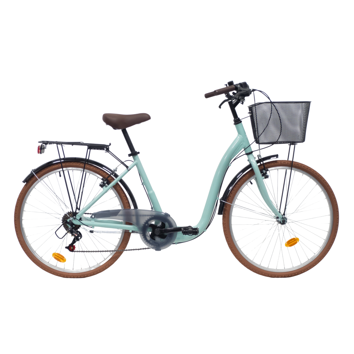 VELO - VTC 26'' Rigide Alu Femme Acier  City-E  - 7 vitesses - Enjambement bas - Panier avant - Porte-bagages