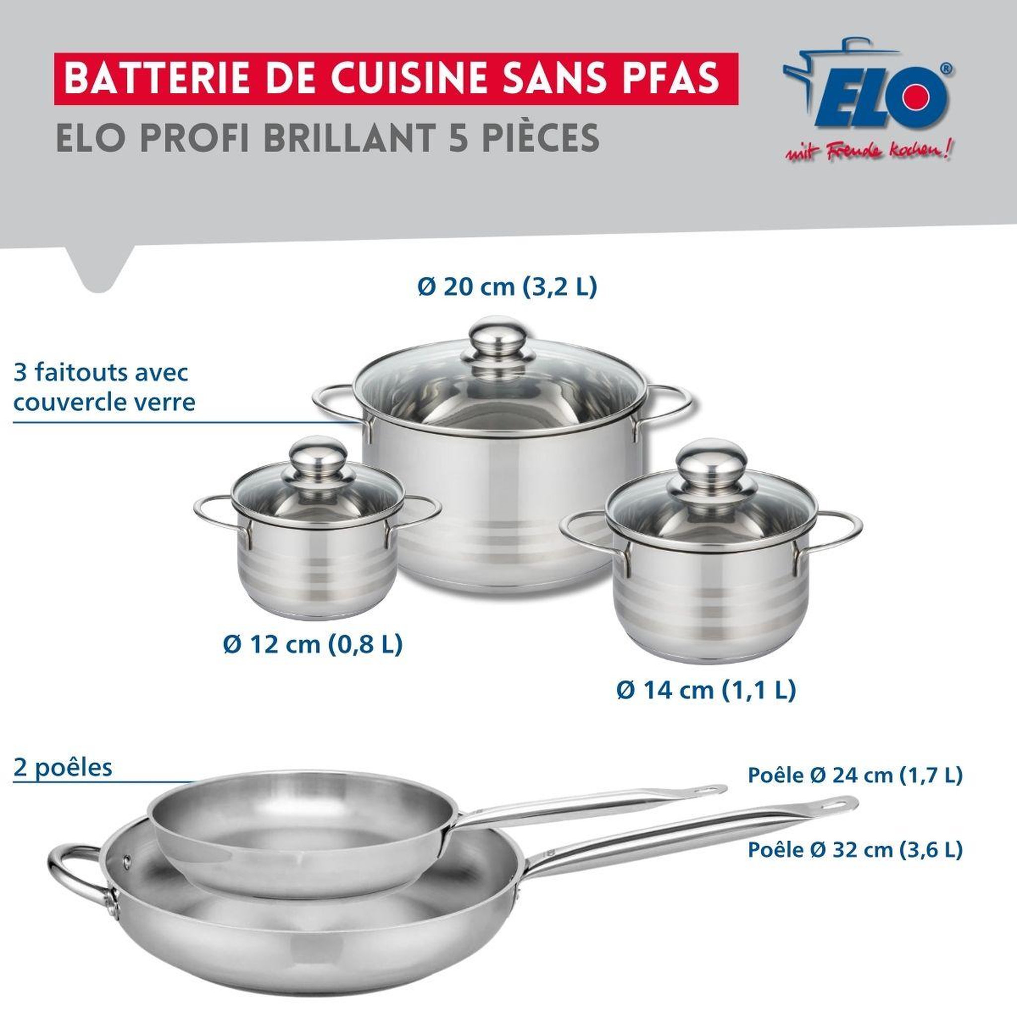 Voir la diapositive 2 : ELO Ensemble de 2 poêles de cuisson 24 et 32 cm et 3 faitouts 12, 14 et 20 cm elo profi brillant