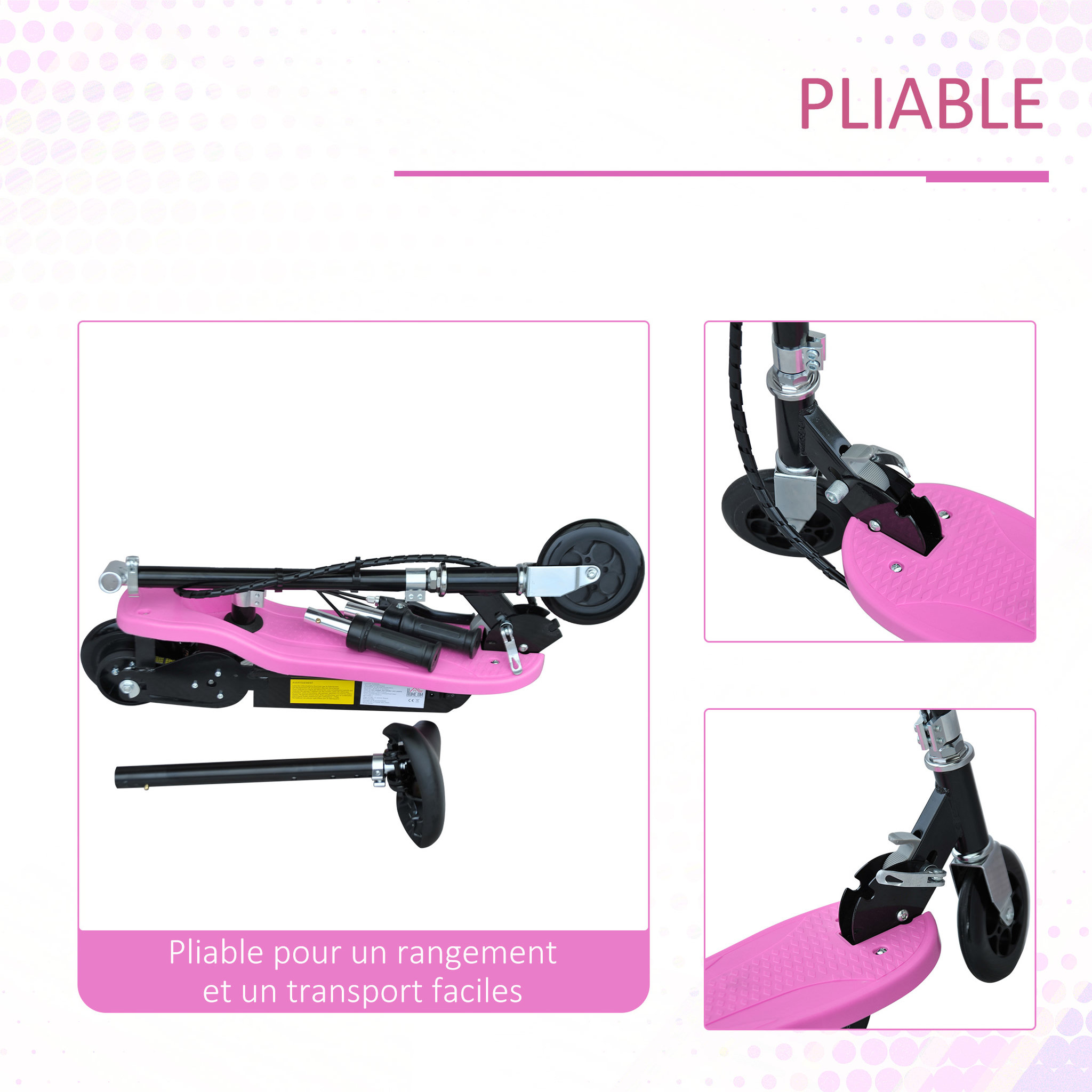 Voir la diapositive 6 : HOMCOM Trottinette électrique 120 W pliable pour enfants à partir de 7 ans hauteur de guidon et selle réglable 10 Km/h max. rose noir