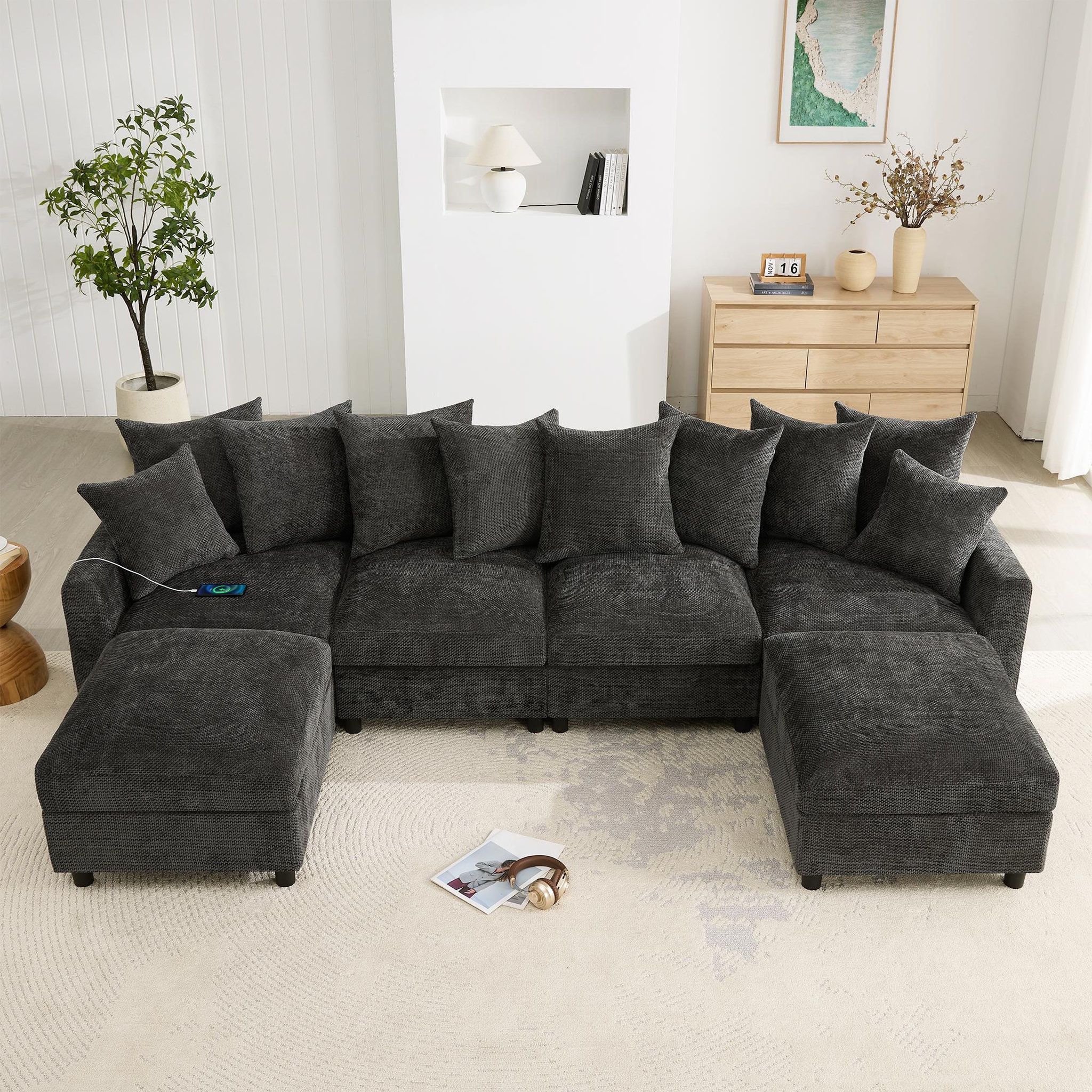 Voir la diapositive 2 : MERAX Canapé d'angle modulable 6 places u/l avec 2 poufs usb type-c tissu chenille