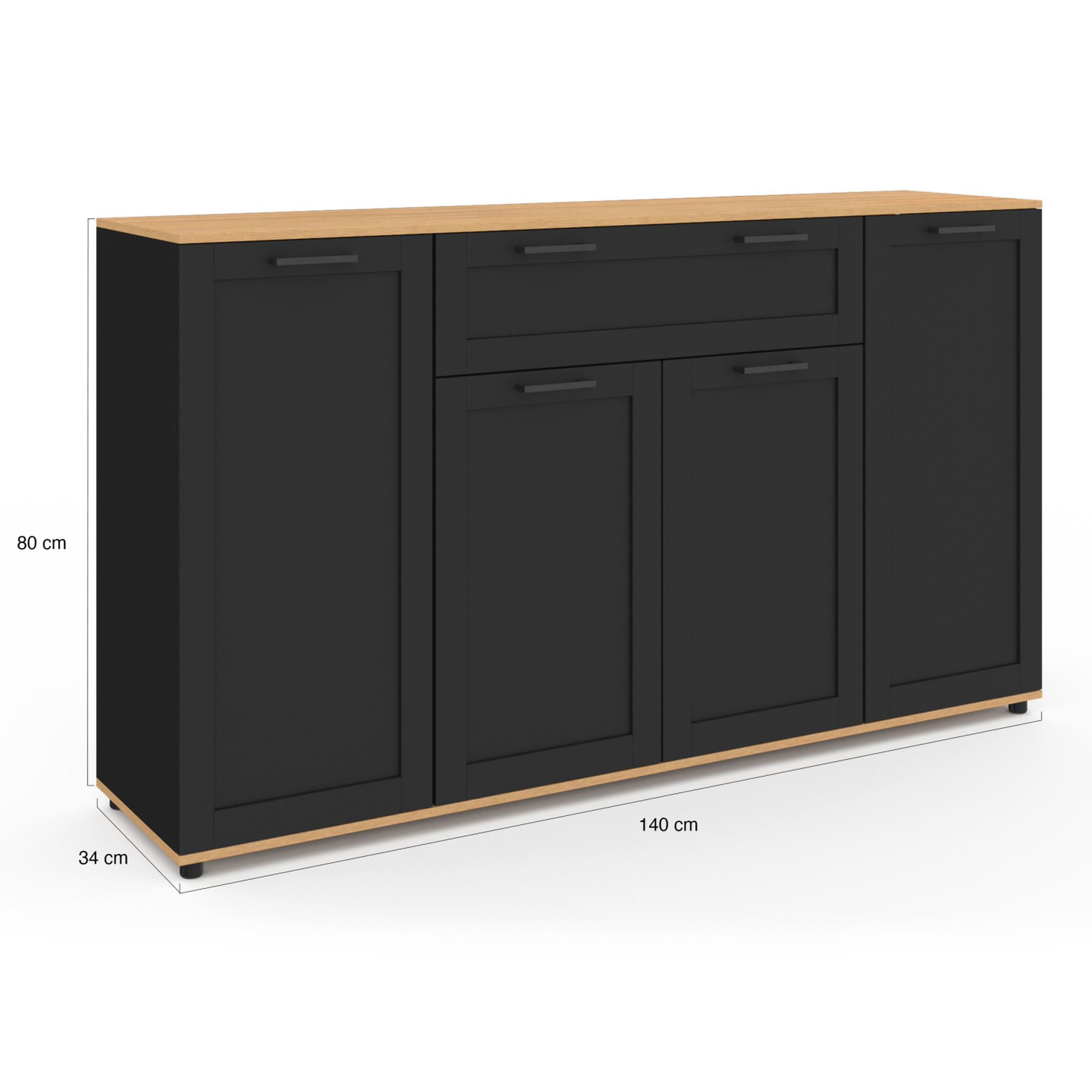 Voir la diapositive 5 : ID MARKET Buffet 140 cm vito 4 portes et 1 tiroir noir et bois