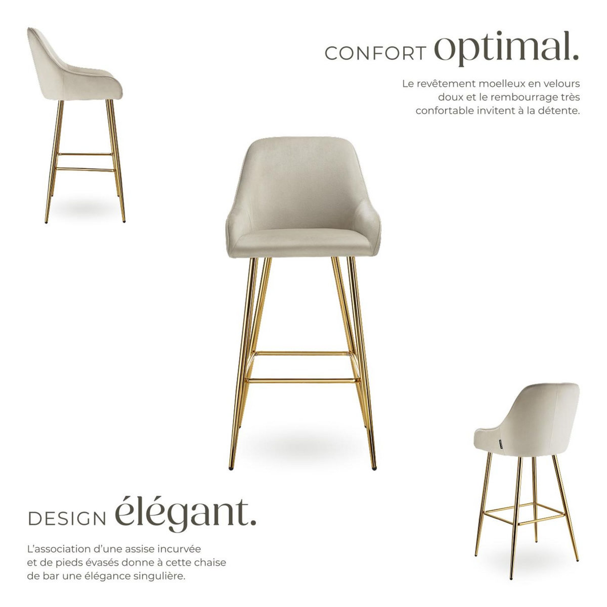 tectake Tabouret de bar en aspect velours rembourré crème/or Ensemble de 6