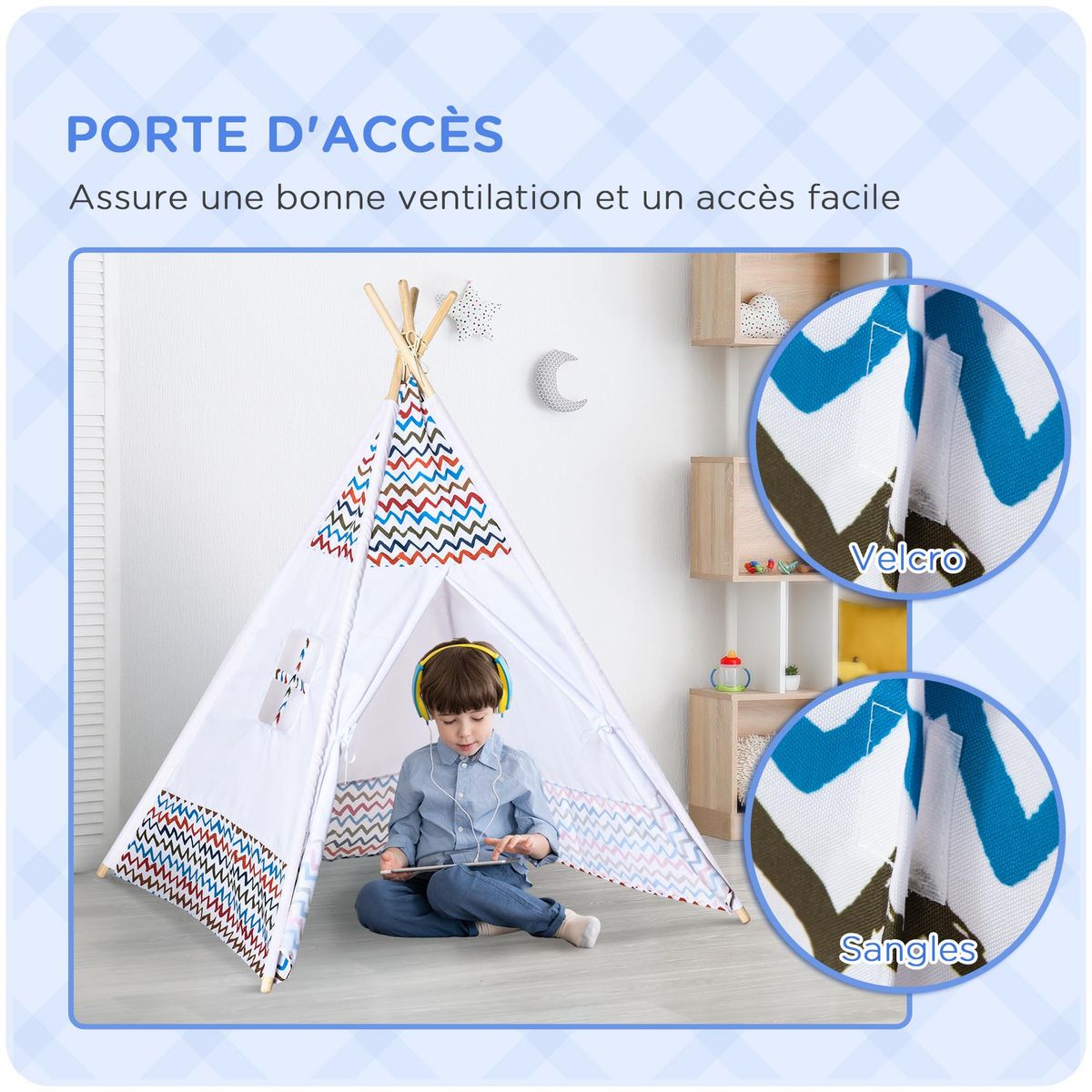 HOMCOM Tente teepee indien enfant style graphique - dim. 1,2L x 1,2I x 1,55H m - porte refermable, fenêtre - structure bois, toile polyester coton blanc multicolore