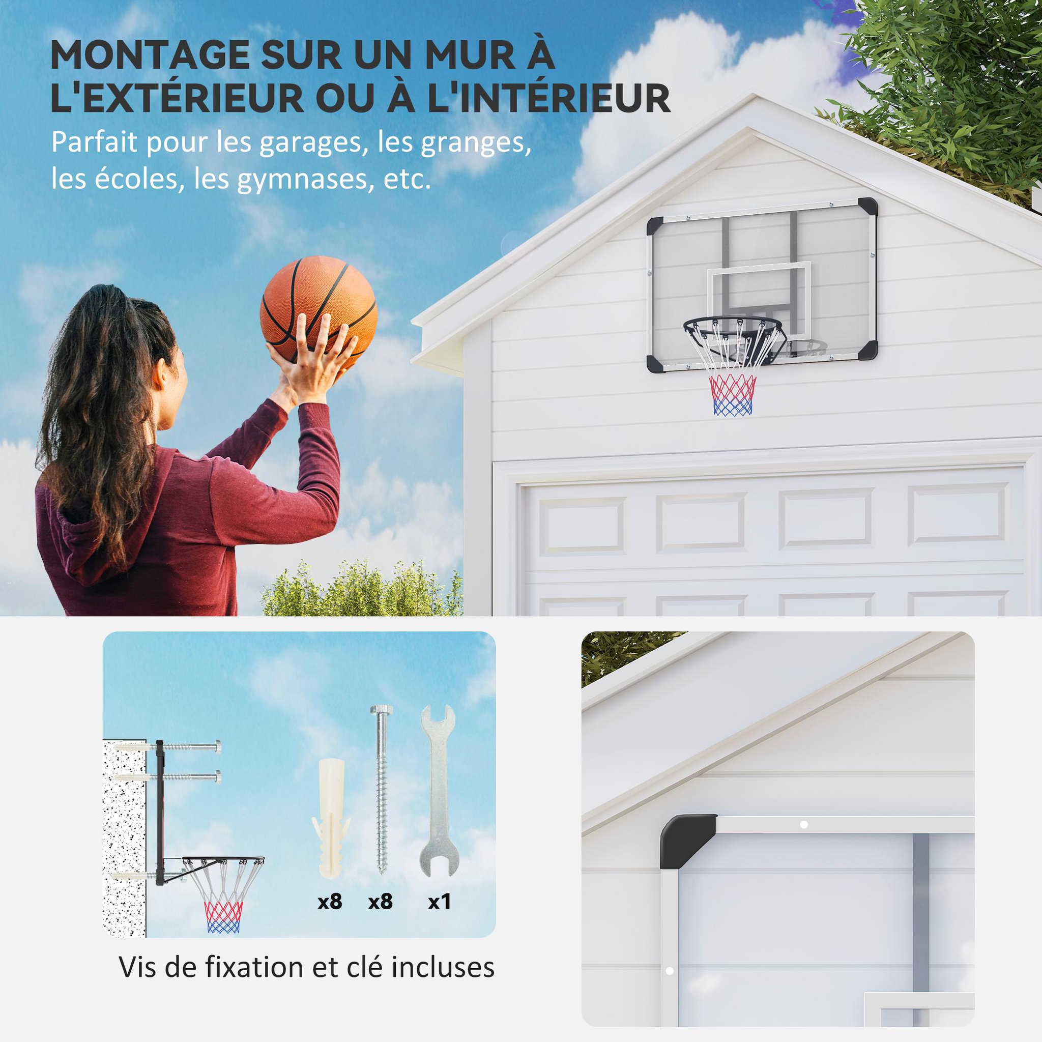 Voir la diapositive 4 : HOMCOM Panier de basket-ball mural - panneau de basket à accrocher - visserie incluse - acier pc blanc noir