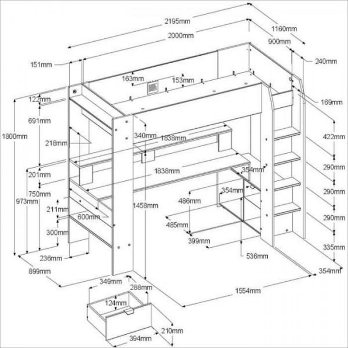 PARISOT Lit mezzanine combiné enfant LED Gamer ONLINE - 90 x 200 cm - Noir mat - Sommier inclus - PARISOT
