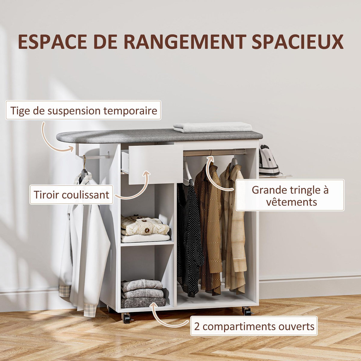 HOMCOM Table à repasser sur roulettes - 2 tringles, 2 niches, tiroir, support fer - toile planche incluse blanc gris