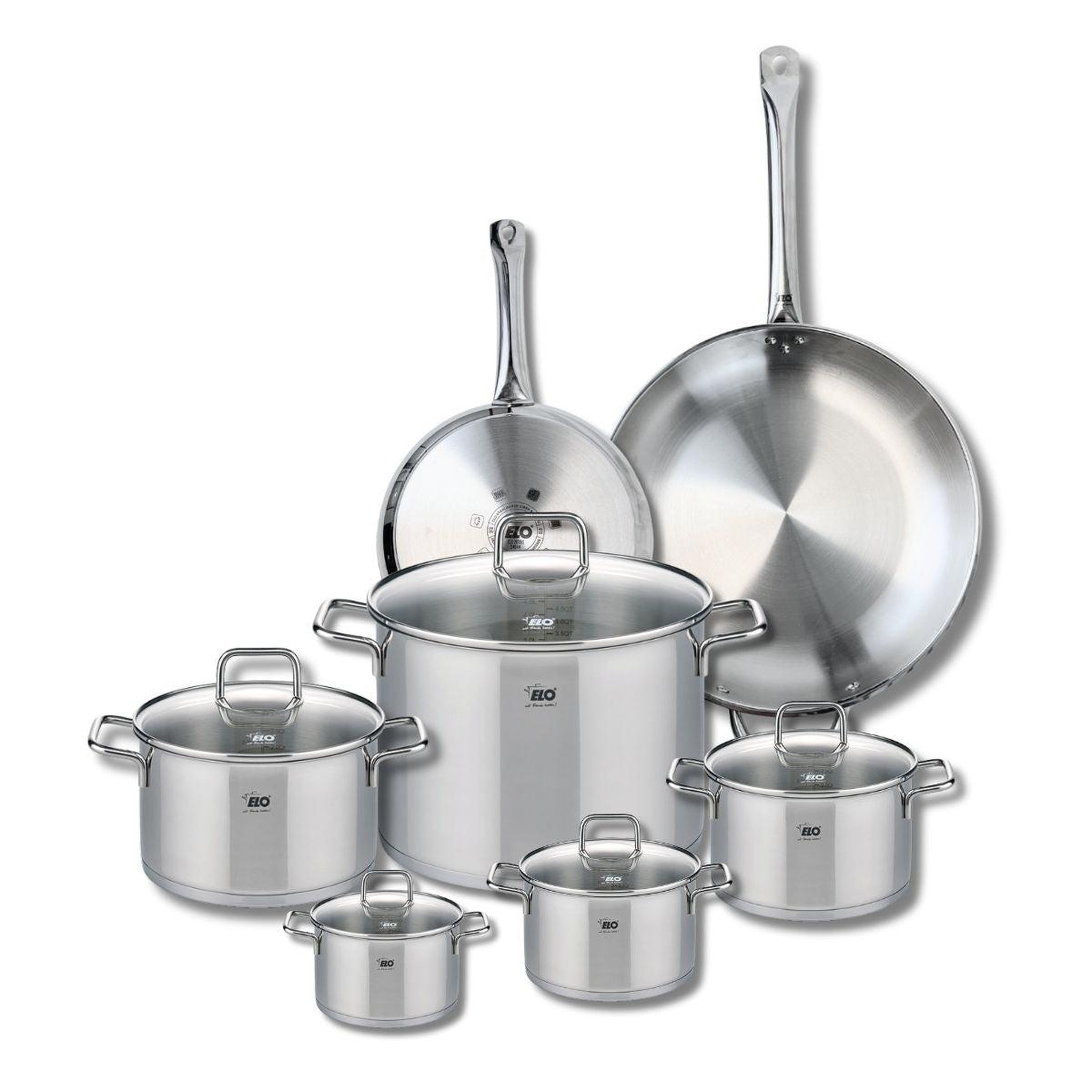 ELO Ensemble de 2 poêles de cuisson 24 et 32 cm et 5 faitouts 12, 14, 16, 20 et 26 cm elo profi citrin