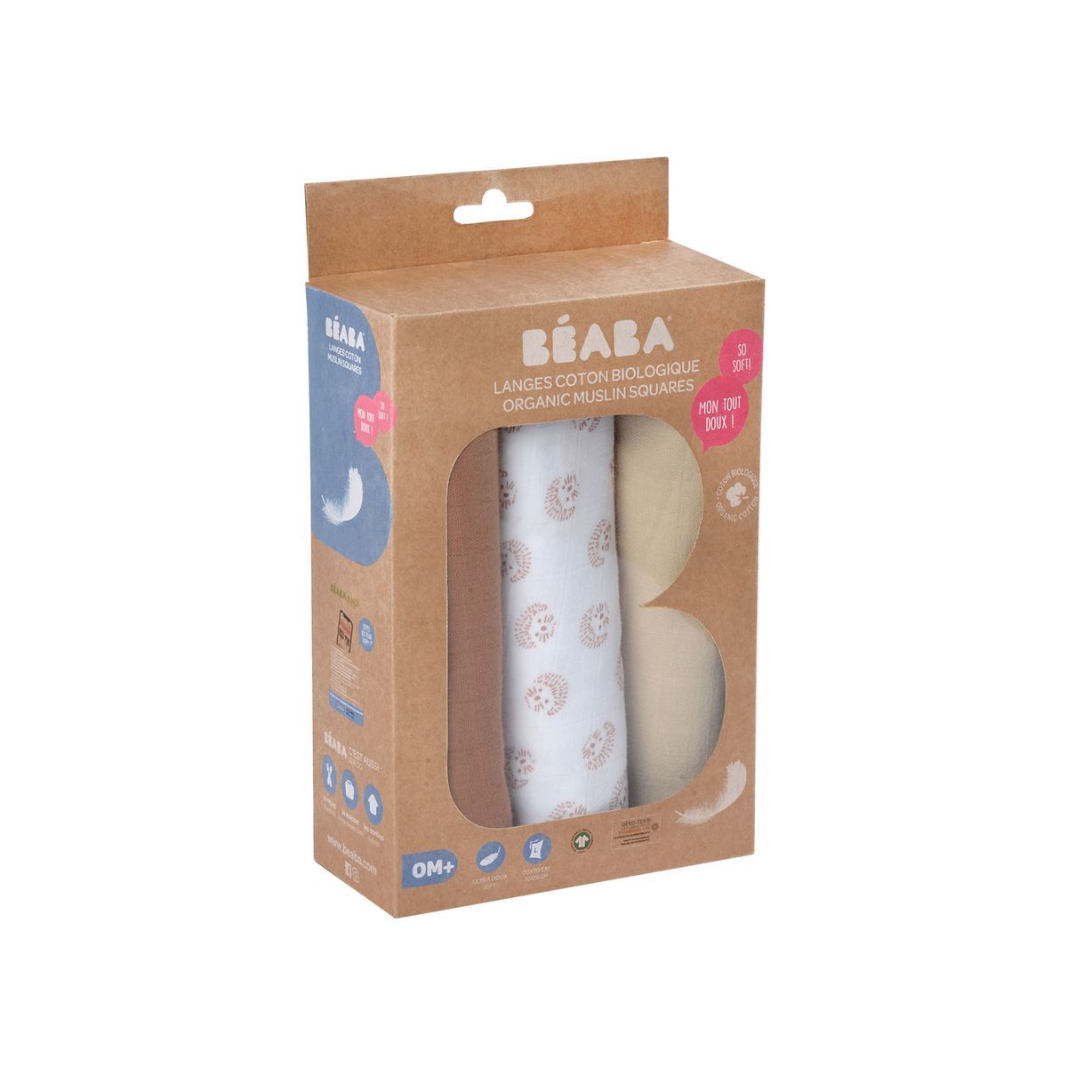 BEABA Boite de 3 Langes en coton bio Hérisson