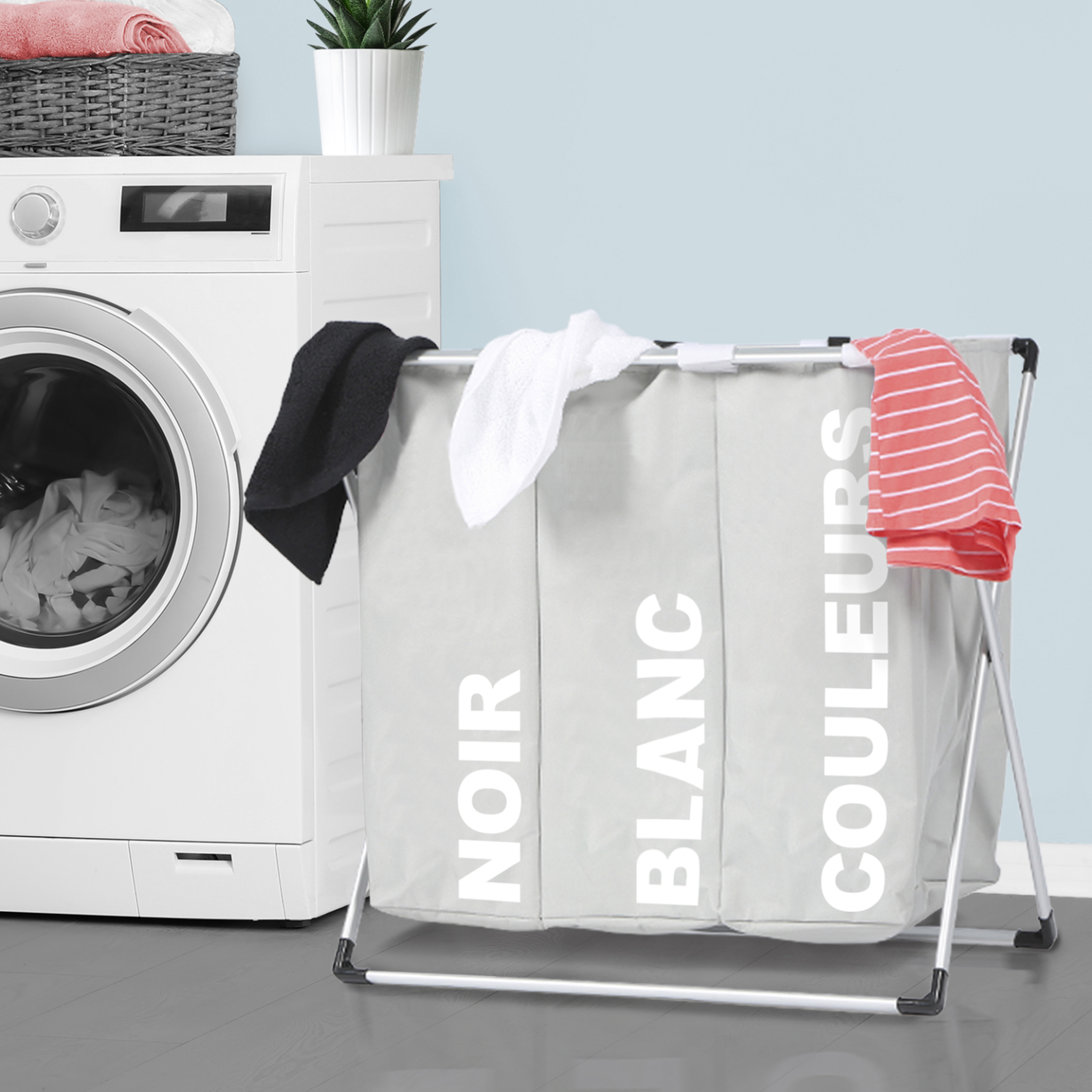 Voir la diapositive 2 : ID MARKET Panier à linge 3 compartiments pliable gris