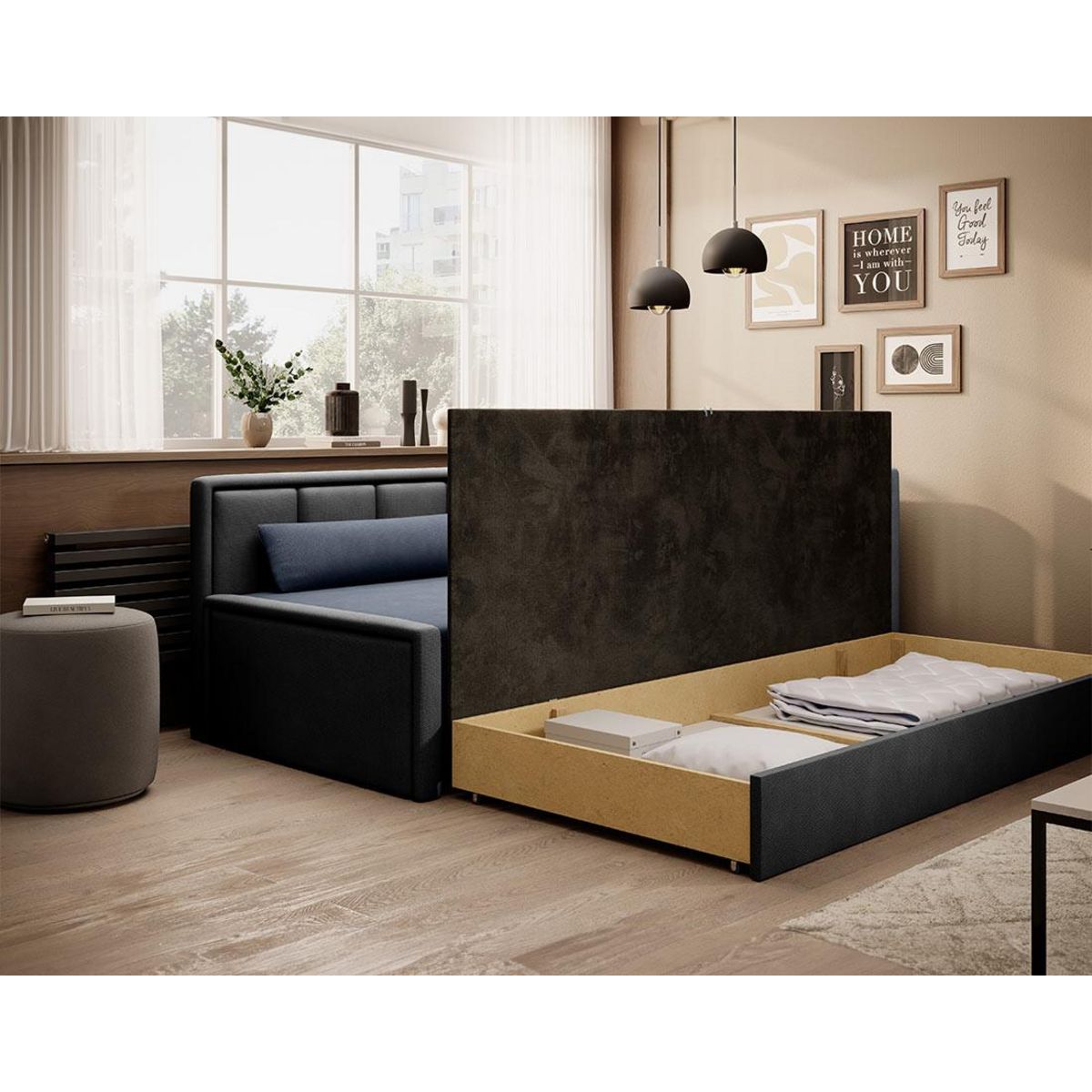 BEST MOBILIER James - canapé 3 places droit convertible avec coffre en velours