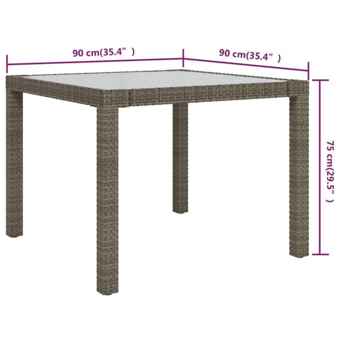 VIDAXL Table de jardin 90x90x75 cm Verre trempe et resine tressee Gris