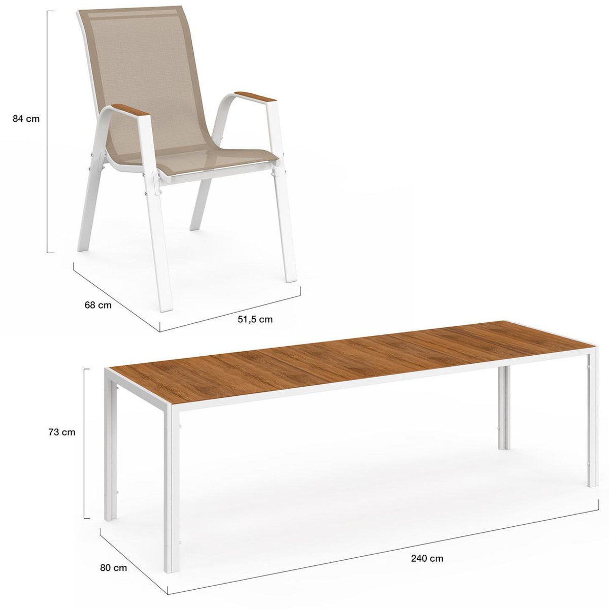 ID MARKET Salon de jardin NOUMEA table 240 cm plateau verre trempé effet bois et 10 chaises empilables blanc et bois