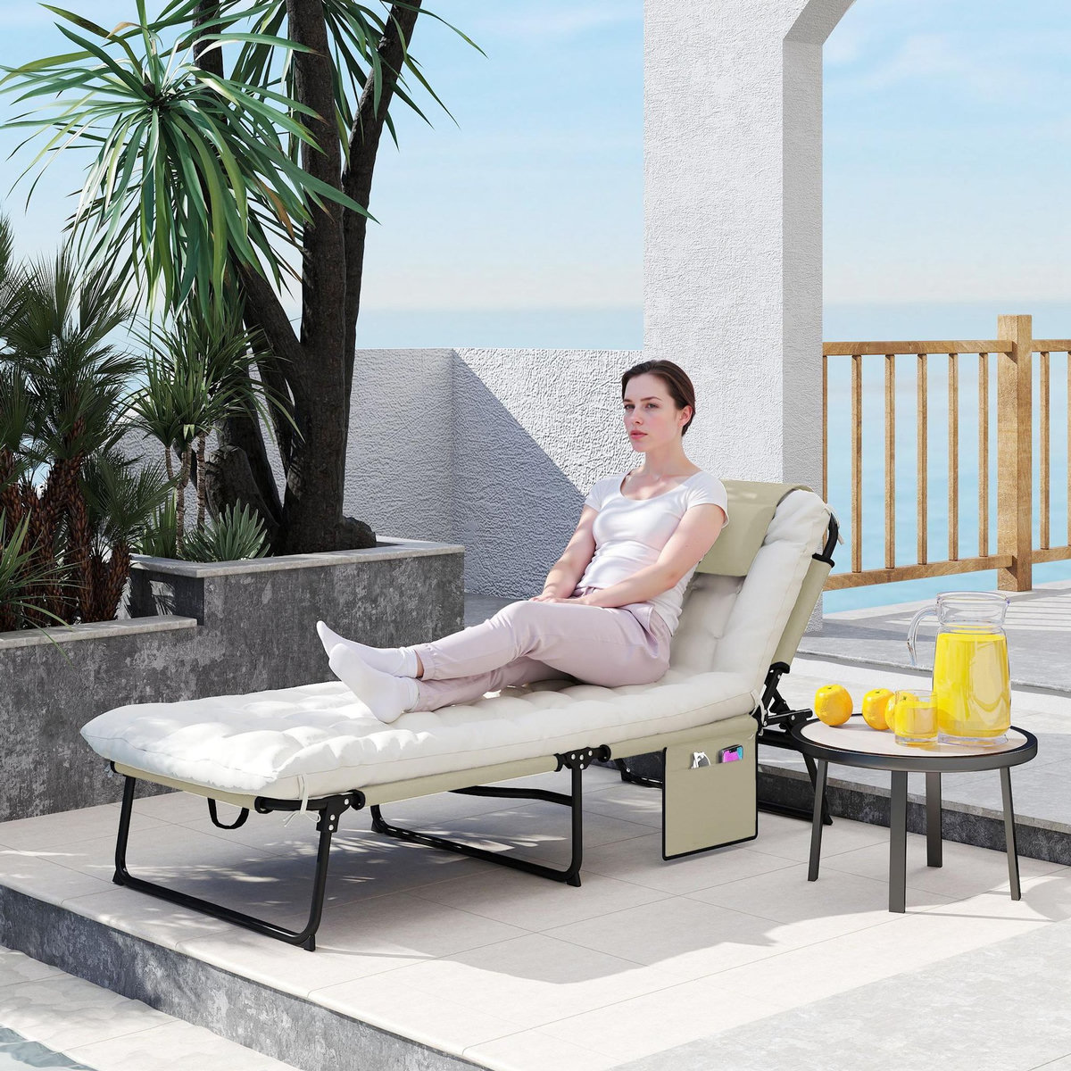 OUTSUNNY Bain de soleil pliable - dossier inclinable 4 positions - tétière, matelas épais - beige