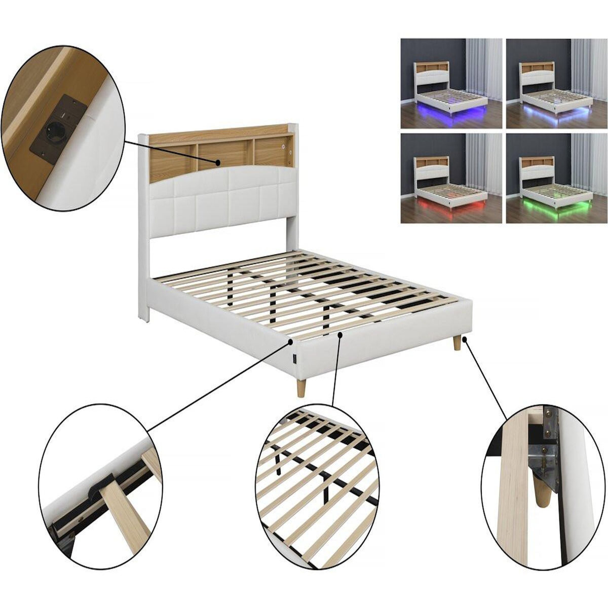 Habitat et Jardin Lit double led avec rangement tête de lit  Sarah  - 140 x 190 cm - Blanc