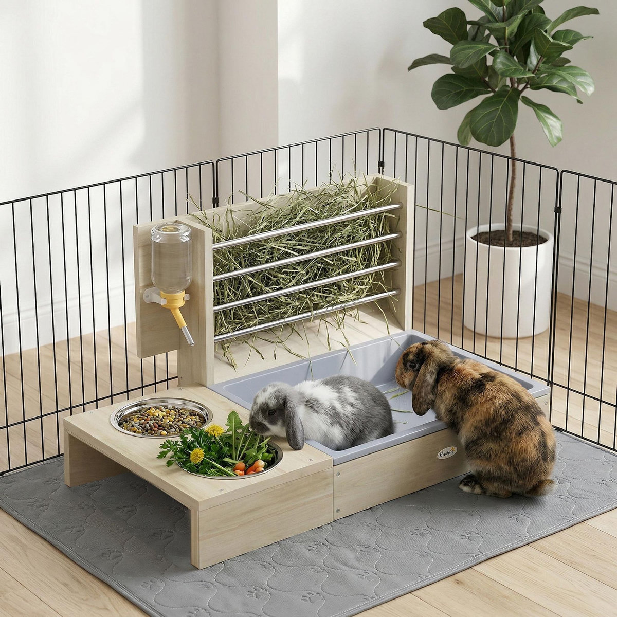 PAWHUT Station mangeoire 3 en 1 pour lapins et cochon d'Inde - râtelier à foin - bois naturel