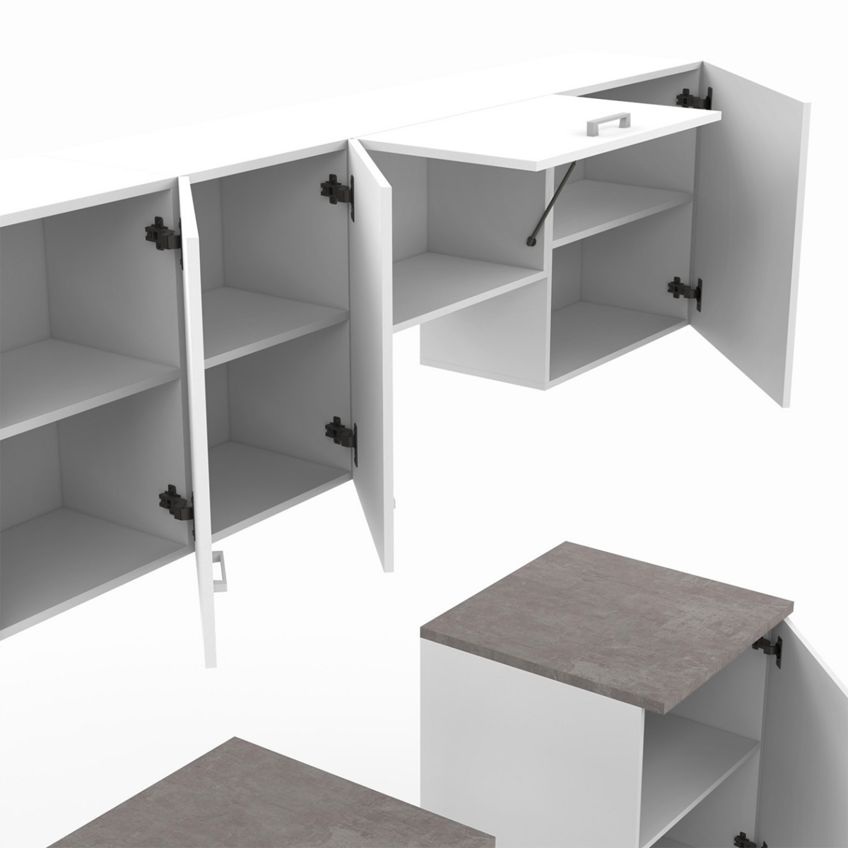 ID MARKET Cuisine complète 240 cm SUBTIL avec plan de travail 7 éléments blanc et plateaux effet béton