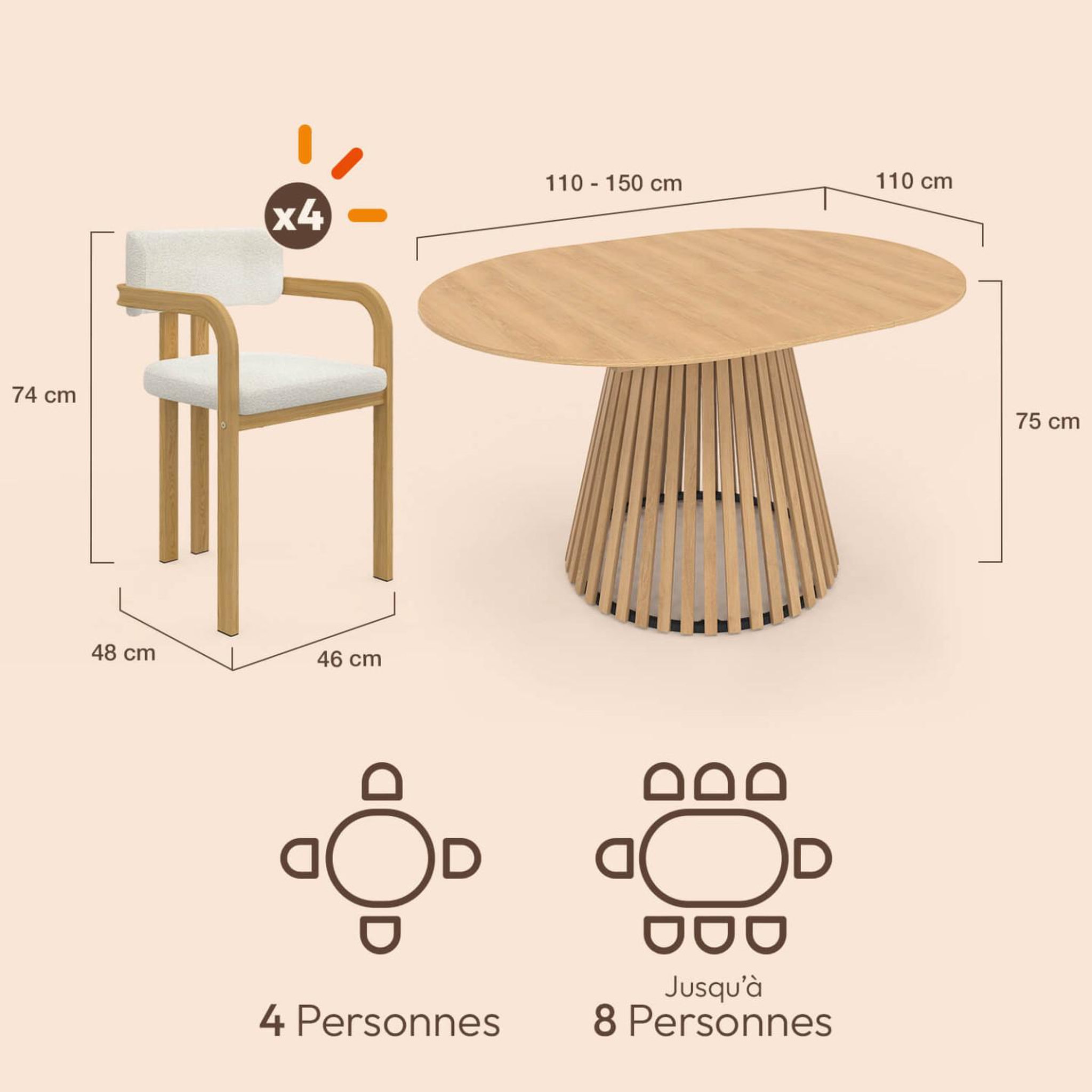 Voir la diapositive 5 : ID MARKET Ensemble table à manger extensible ronde carmen 4-8 personnes pied lattes 110 - 150 cm et 4 chaises esma effet bois et bouclette