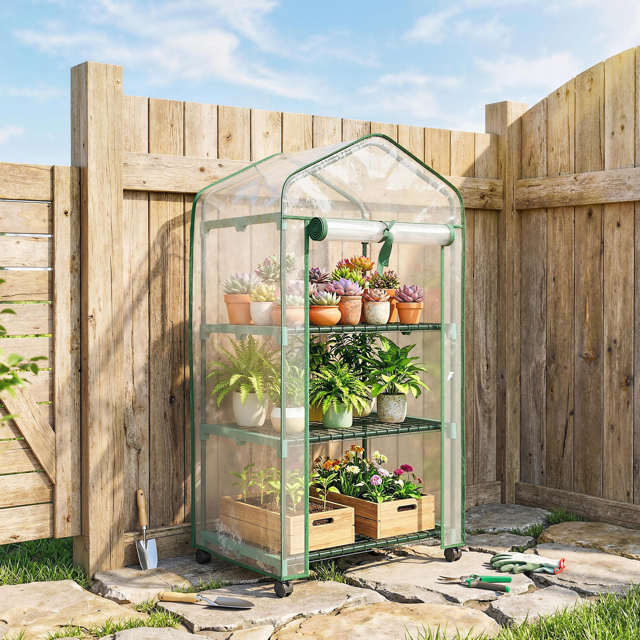 Voir la diapositive 2 : OUTSUNNY Mini serre de jardin 3 étagères porte enroulable 4 roulettes pe transparent