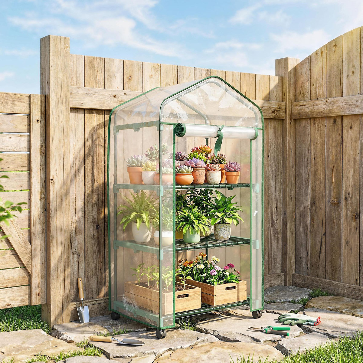 OUTSUNNY Mini serre de jardin 3 étagères porte enroulable 4 roulettes PE transparent