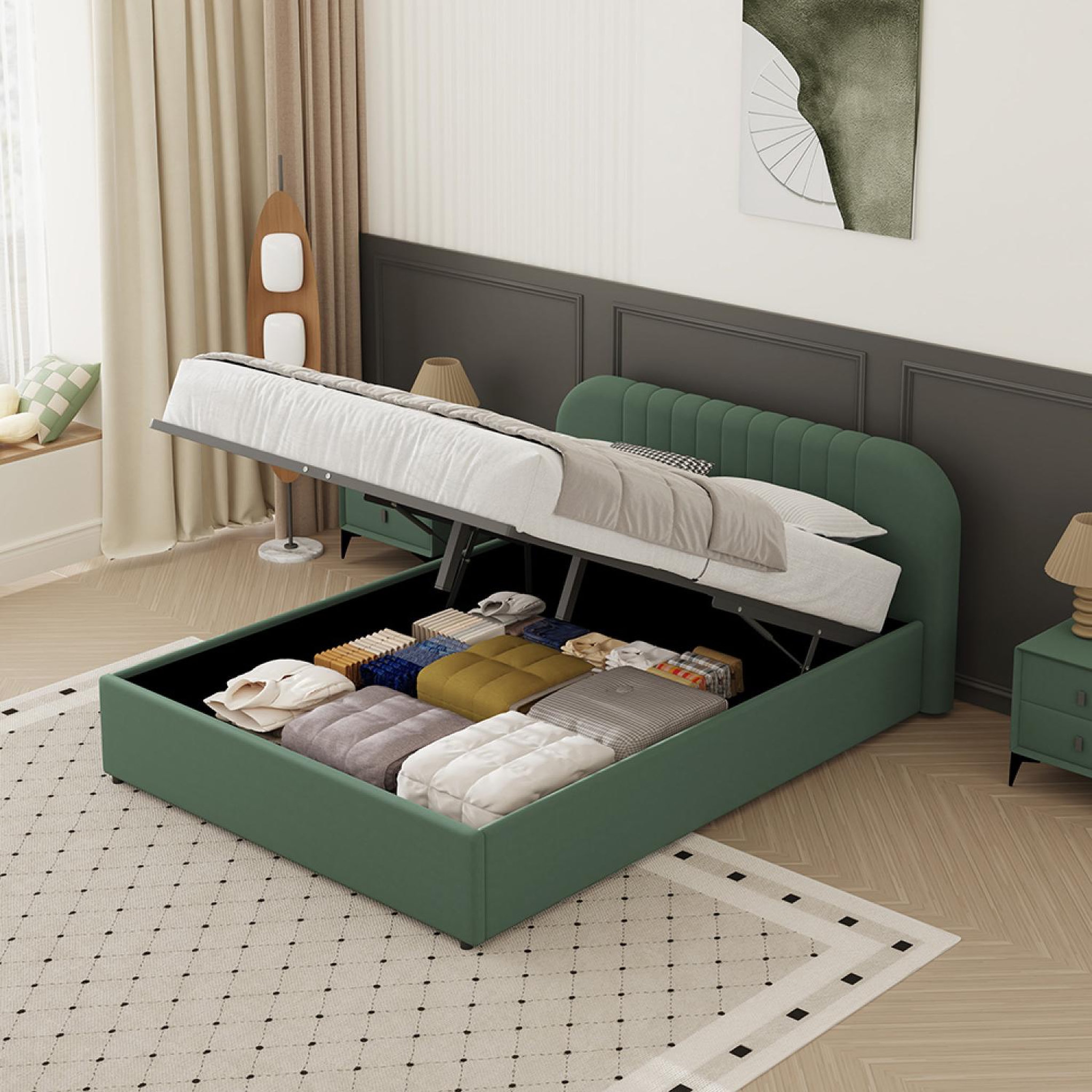 Voir la diapositive 6 : CONCEPT USINE Lit avec coffre de rangement 140x190cm en velours vert irvine