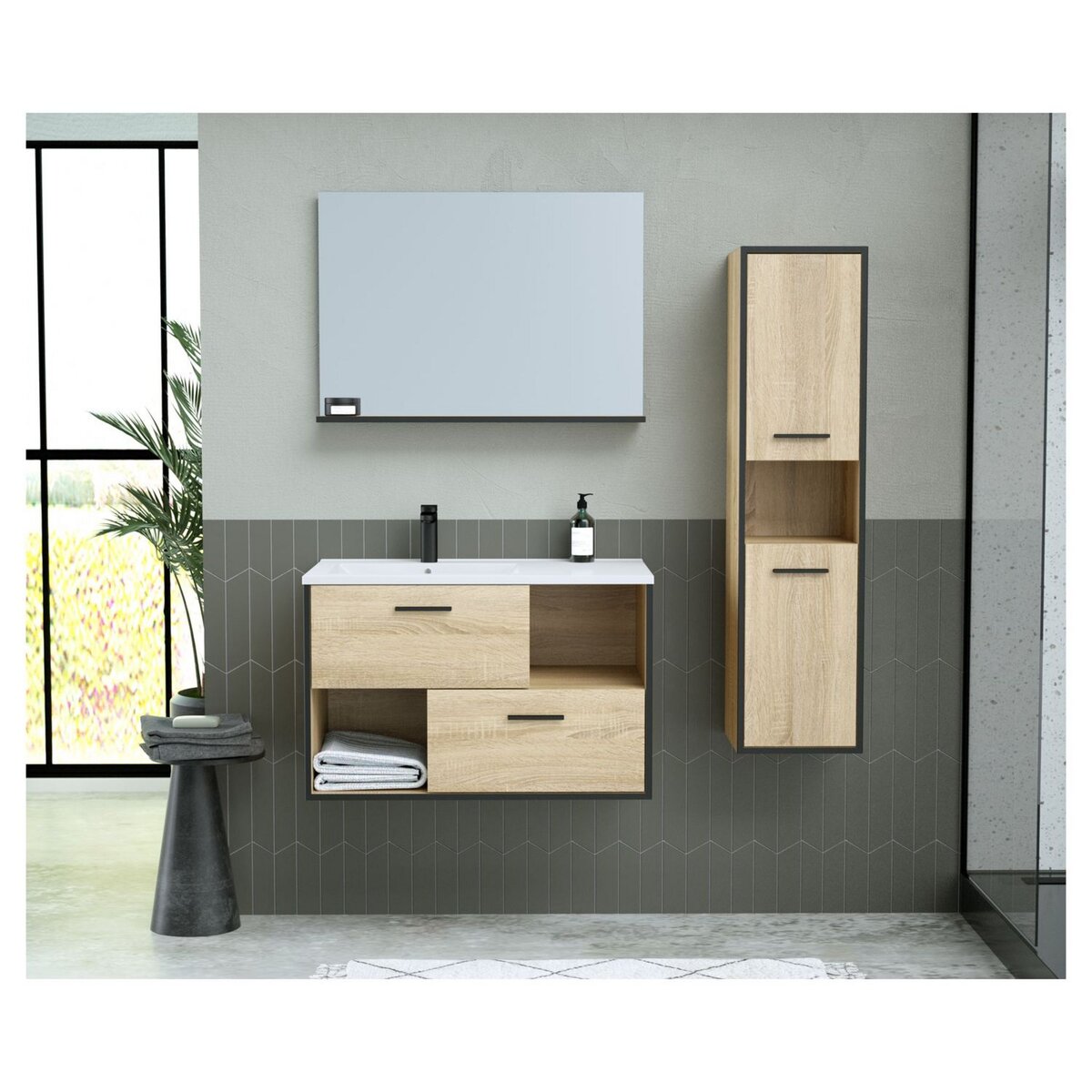 Ensemble meuble de salle de bain bloc 2 tiroirs avec vasque encastrée et miroir L80 cm + Colonne ROXY