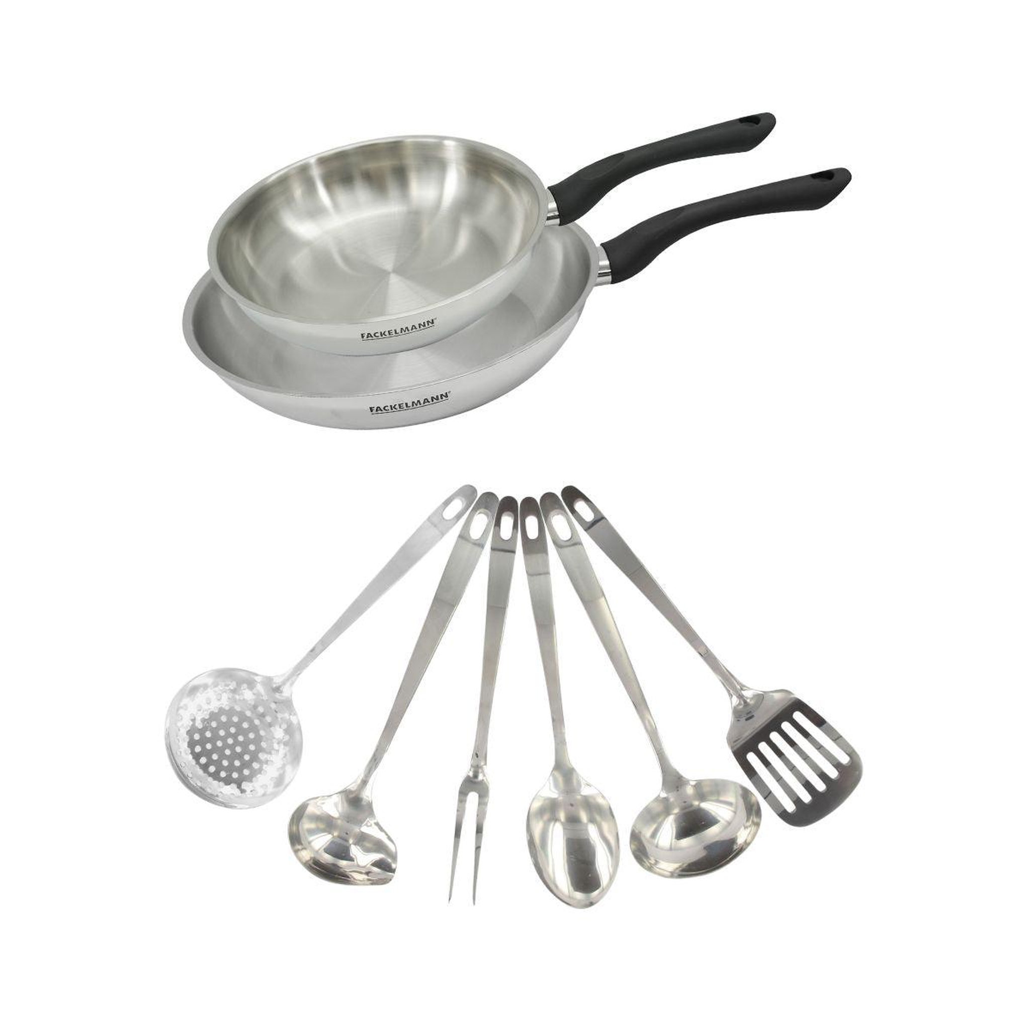 Fackelmann Set 2 poêles 20 et 28 cm en inox et 6 ustensiles inox fackelmann geneva