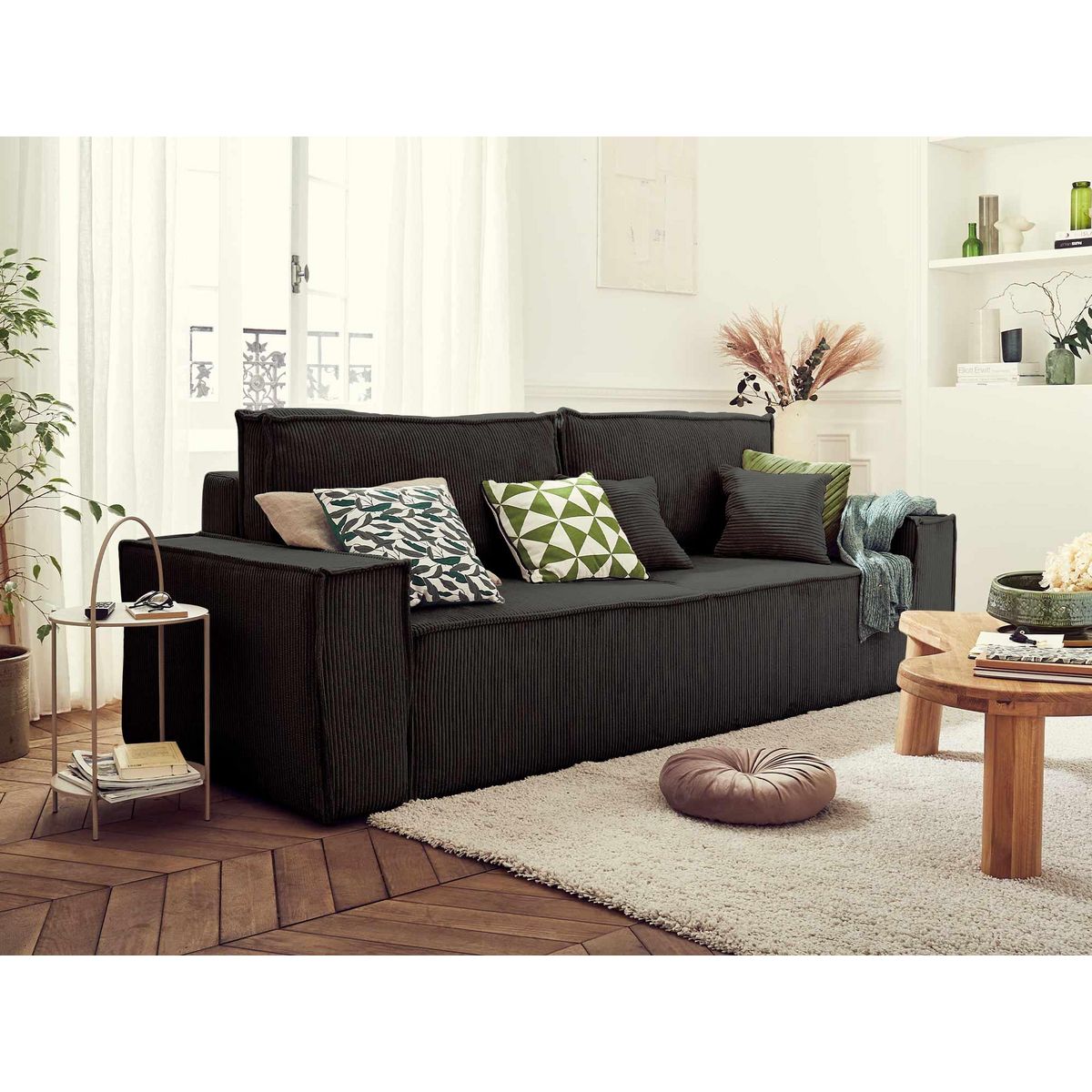 BEST MOBILIER Dellia - canapé 3 places convertible - avec coffre - en velours côtelé - style contemporain