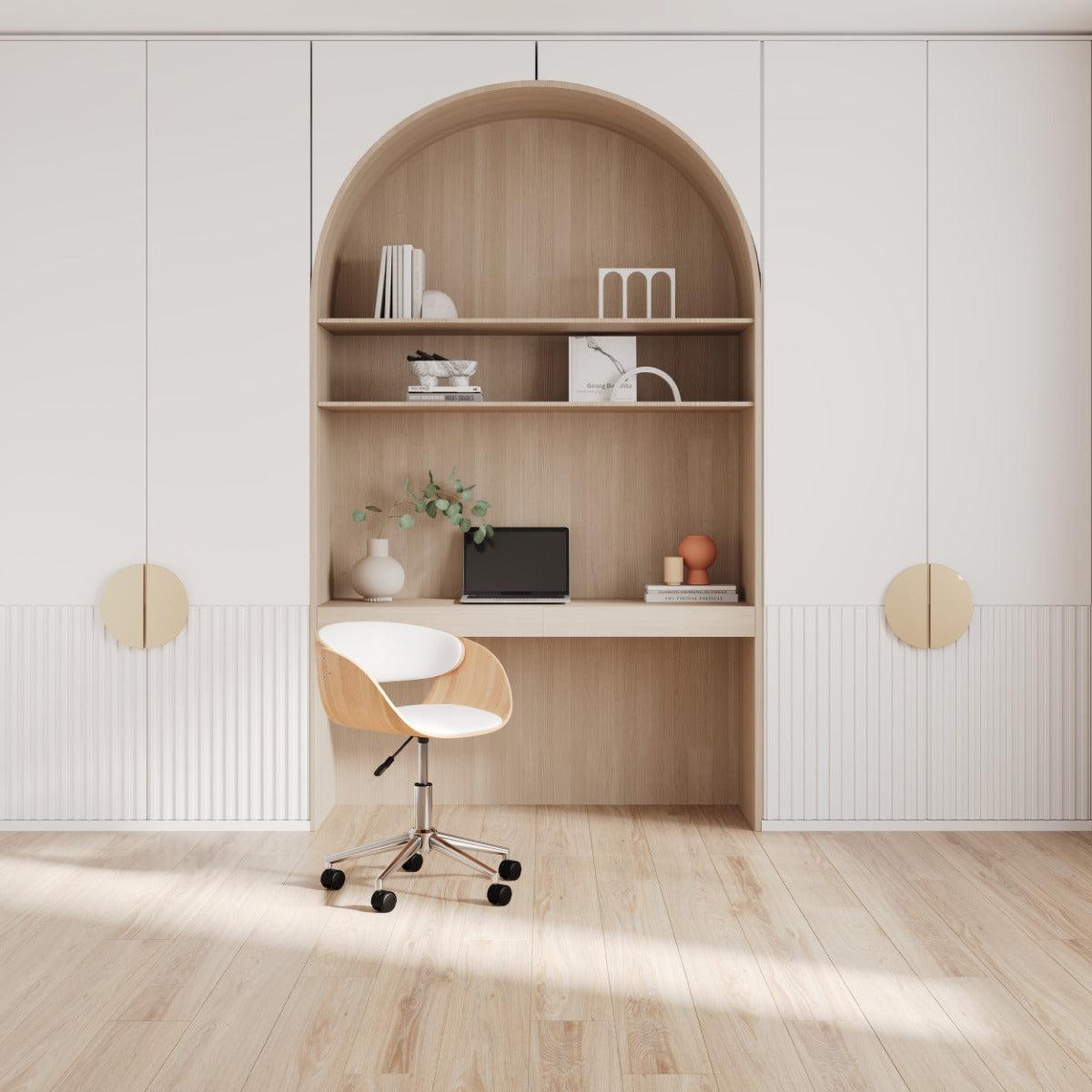 Voir la diapositive 5 : MAISON PAVANE Chaise de bureau pivotante sur roulettes en bois et pu blanc-adelmar