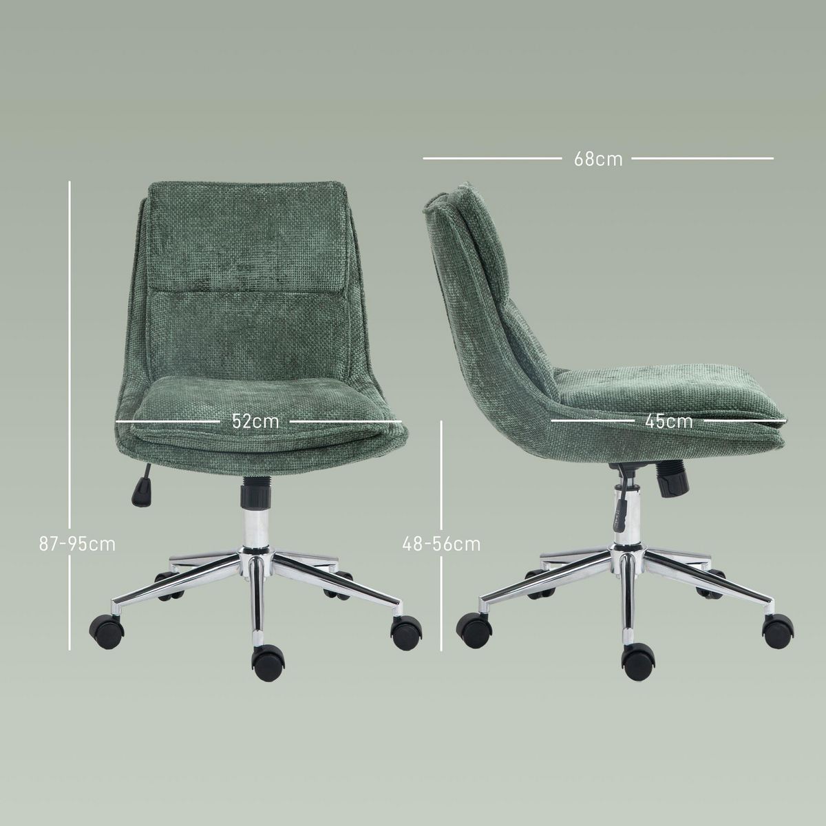 HOMCOM Chaise de bureau réglable pivotante piètement chromé tissu aspect lin vert