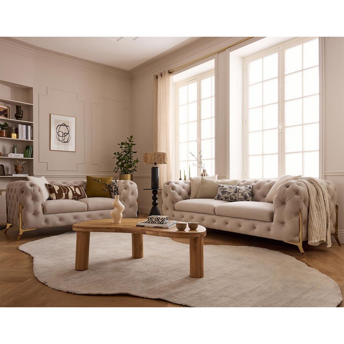 LISA DESIGN Camden - canapé 2 places chesterfield en velours - pieds en métal doré