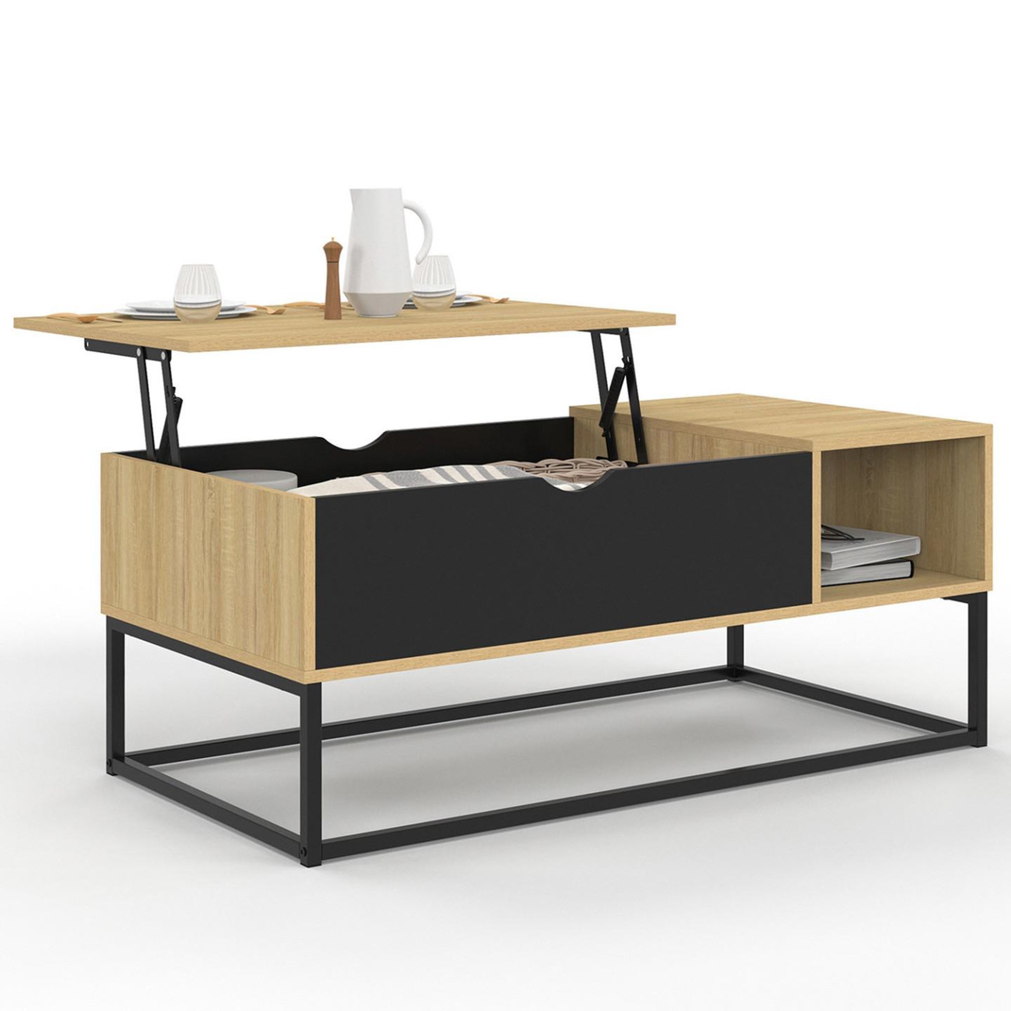 ID MARKET Table basse plateau relevable boston avec rangements design industriel